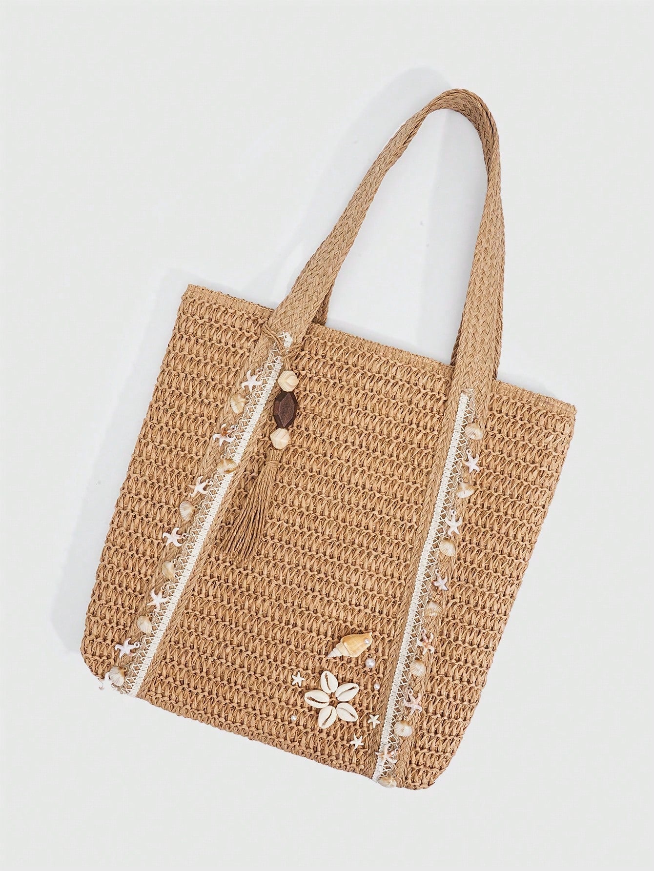 ROMWE Fairycore 1pc Vacation-Themed Shell, Seashell, Coral, Pearl Decor Women Tote Bag, Large Capacity Floral Straw Beach Bag For Spring/Summer