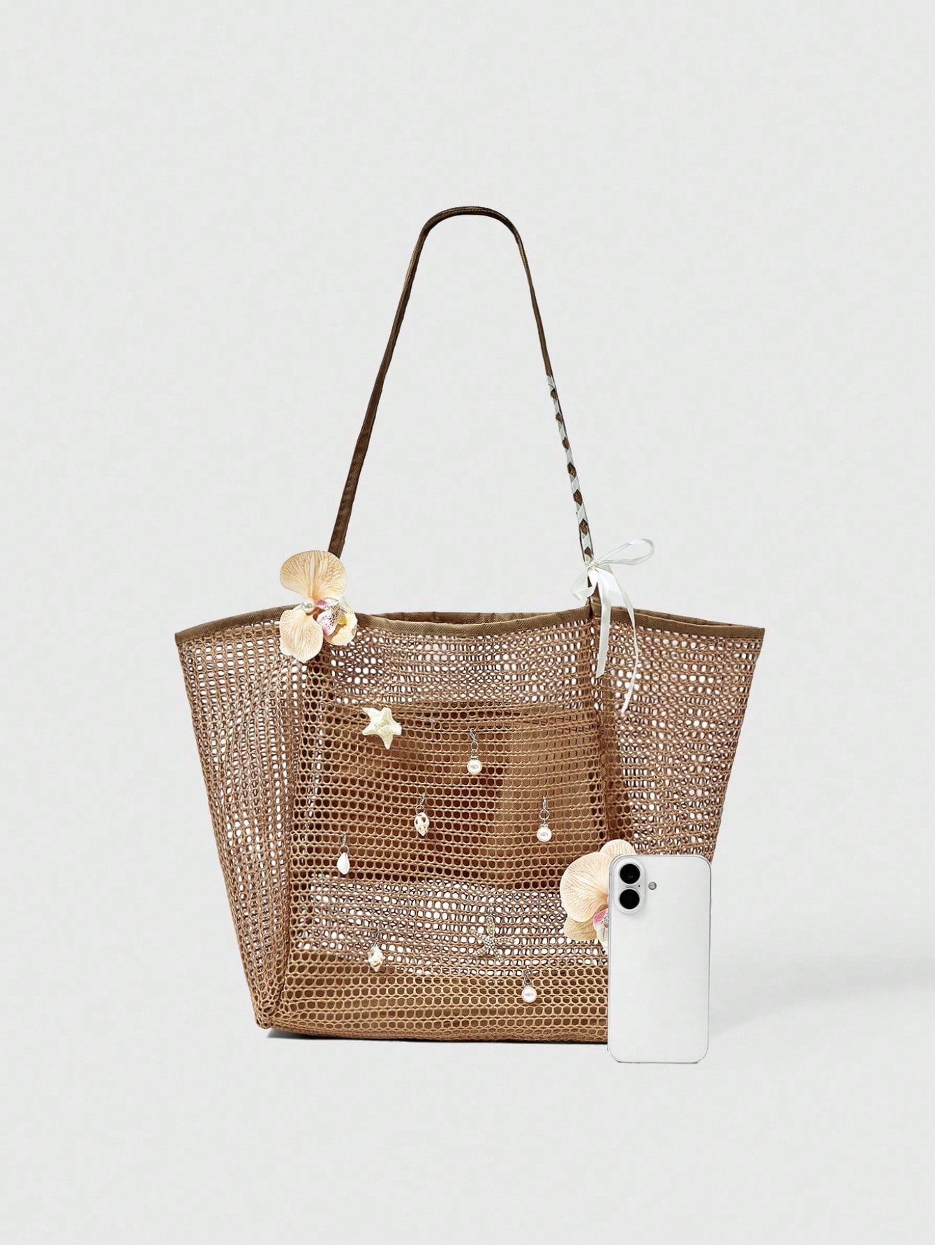 OMWE Fairycore 1pc Handmade Woven Tote Bag With Artificial Orchid, Lily Decor,