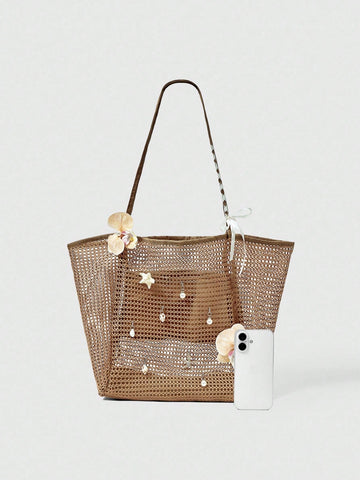 OMWE Fairycore 1pc Handmade Woven Tote Bag With Artificial Orchid, Lily Decor,