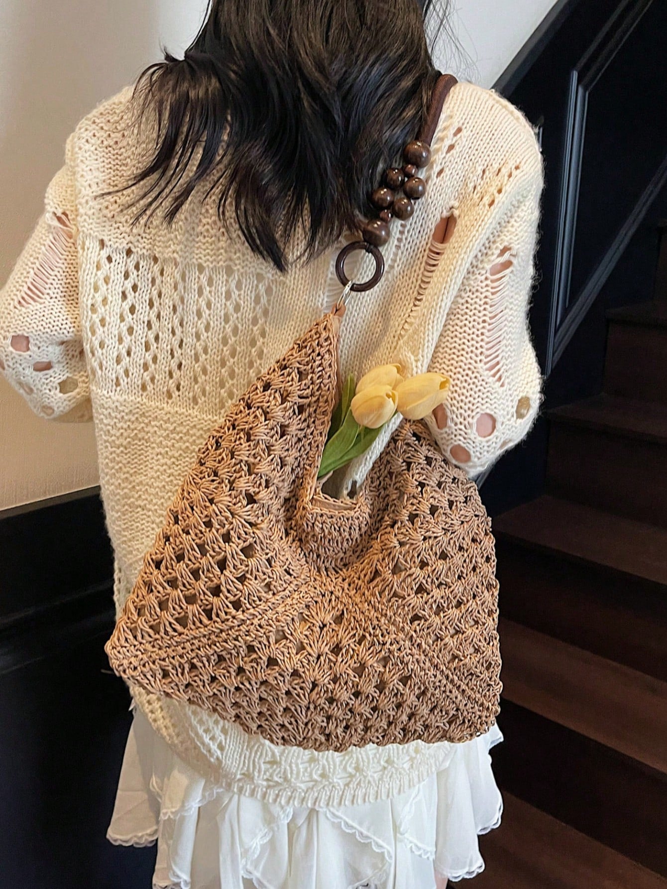 Handmade Crochet Hollow Straw Bag, Patchwork Large Capacity Shoulder Bag, Bohemian Contrast Color Straw Bag, Casual Versatile Women Bag, Slouchy Woven Bag, Summer Beach Vacation Straw Bag, Commute & Travel Dual-Use Women Bag, Can Fit , Gift For Women