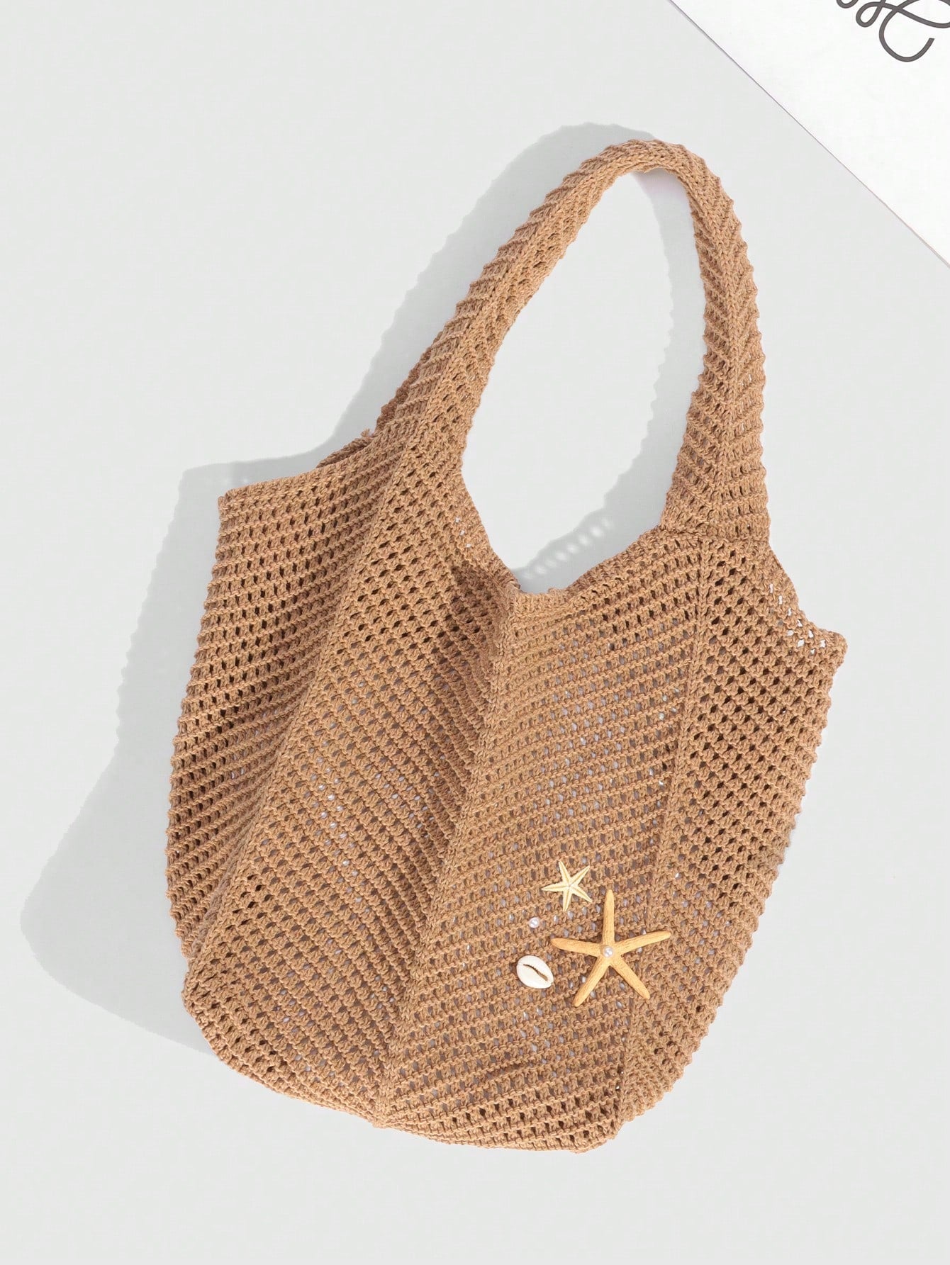 ROMWE Fairycore 1 Pc Tropical Ocean Beach Vacation Style Woven Hollow Beige Women's Shoulder Crossbody Handbag, Large Capacity Travel Vacation Bag