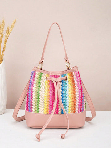 Drawstring Bucket Bag, Large Capacity Daily Versatile Bag, New Summer Beach Bag, Straw Crossbody Bag, Durable Women Handbag