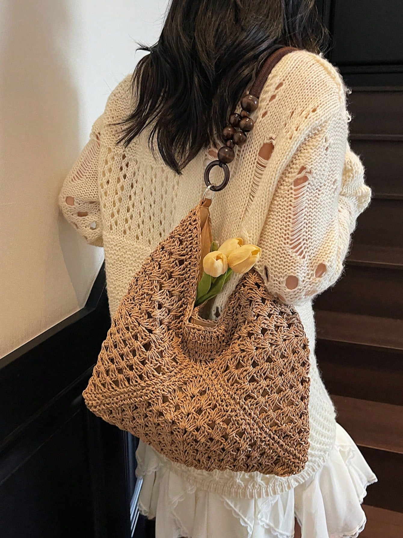 Handmade Crochet Hollow Straw Bag, Patchwork Large Capacity Shoulder Bag, Bohemian Contrast Color Straw Bag, Casual Versatile Women Bag, Slouchy Woven Bag, Summer Beach Vacation Straw Bag, Commute & Travel Dual-Use Women Bag, Can Fit , Gift For Women