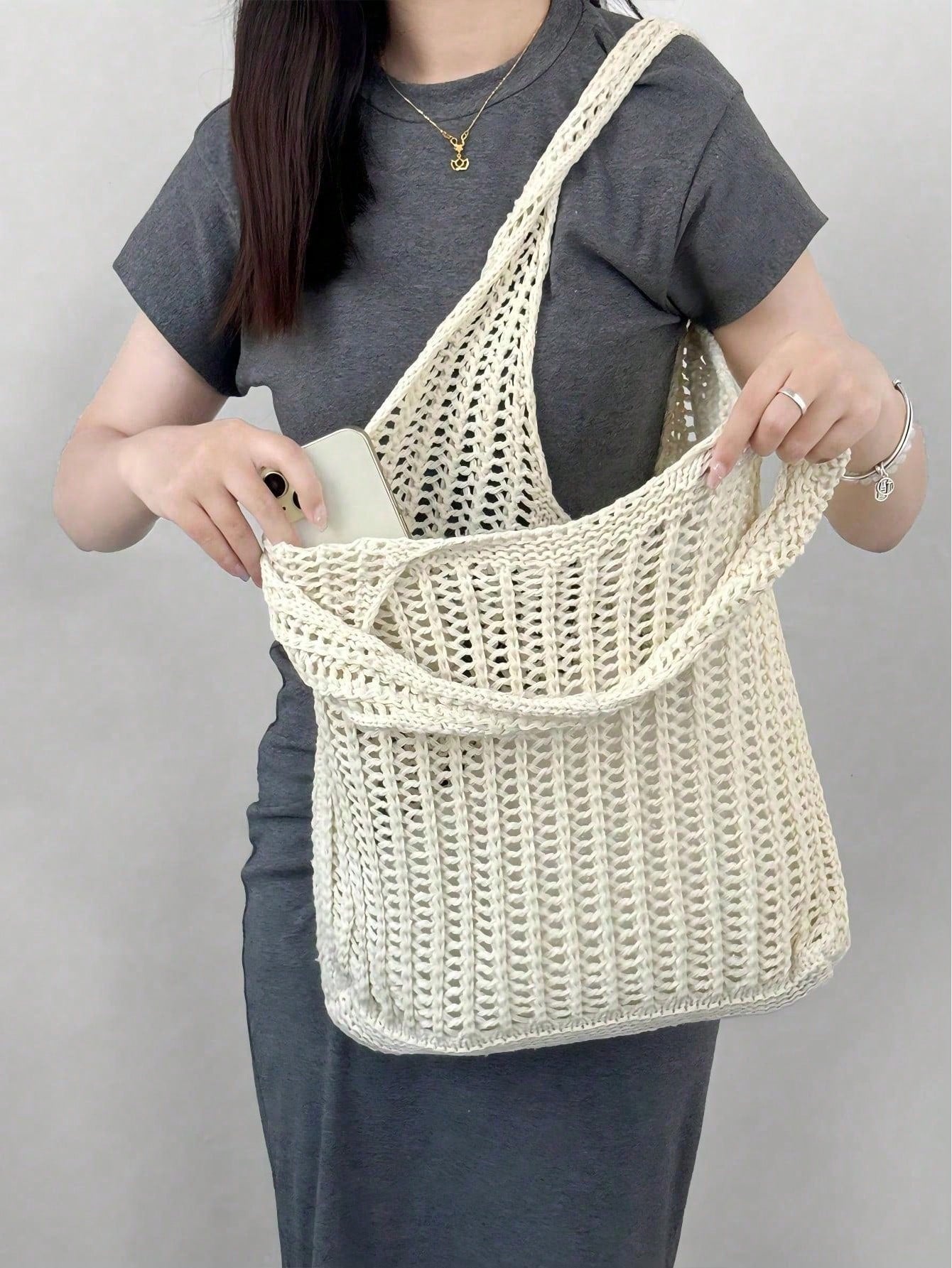 Large Capacity Crochet Shoulder Tote Bag - Lightweight, Multifunctional Knitted Handbag, Beige, Pink, Brown, Black, Suitable For Travel, Beach, Vacation And Daily Use, Large Tote Bag , Beach Bag , Crochet, Holiday, Yellow