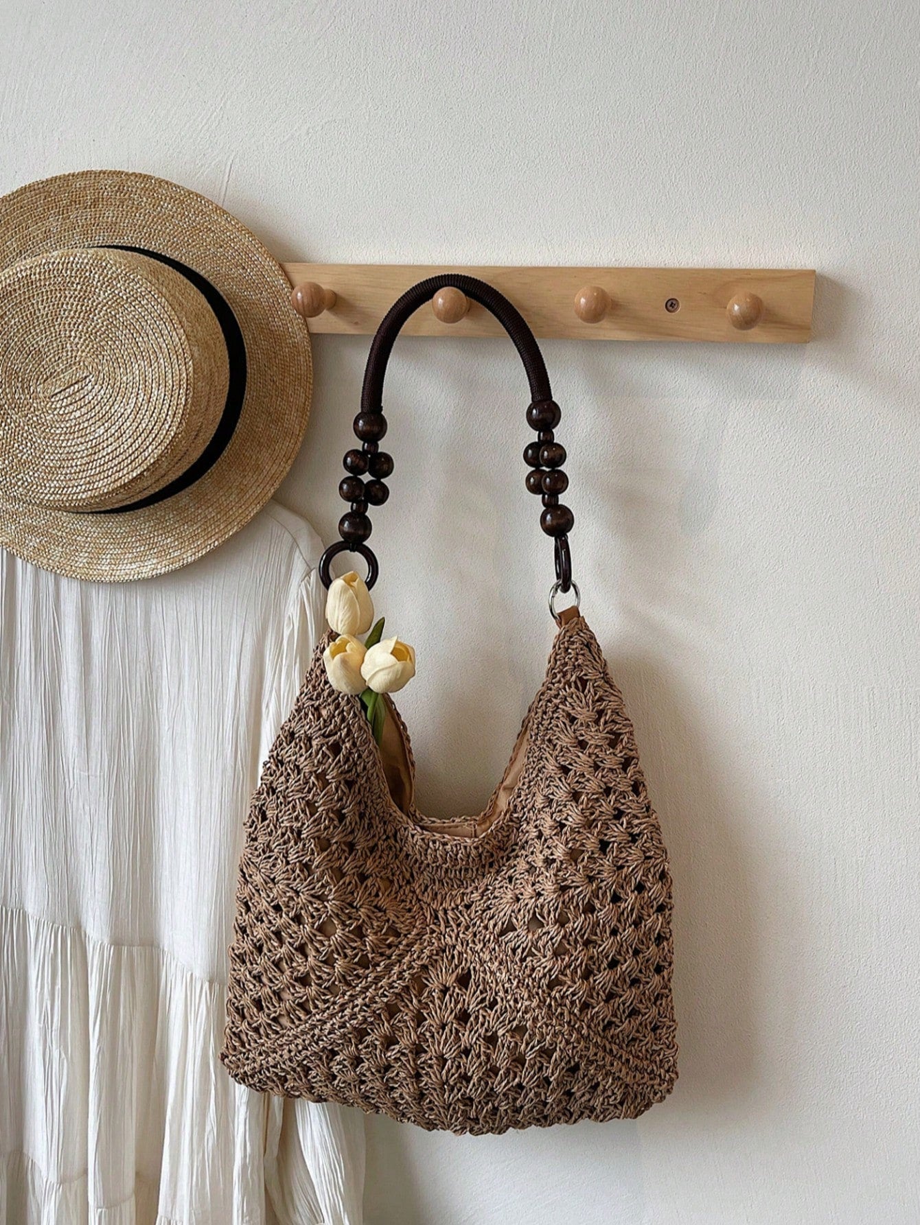 Handmade Crochet Hollow Straw Bag, Patchwork Large Capacity Shoulder Bag, Bohemian Contrast Color Straw Bag, Casual Versatile Women Bag, Slouchy Woven Bag, Summer Beach Vacation Straw Bag, Commute & Travel Dual-Use Women Bag, Can Fit , Gift For Women