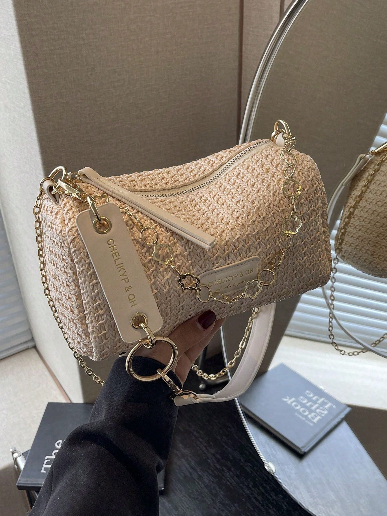 New Spring/Summer Contrast Striped Woven Straw Shoulder Bag, Fashion Letter Decor Women's