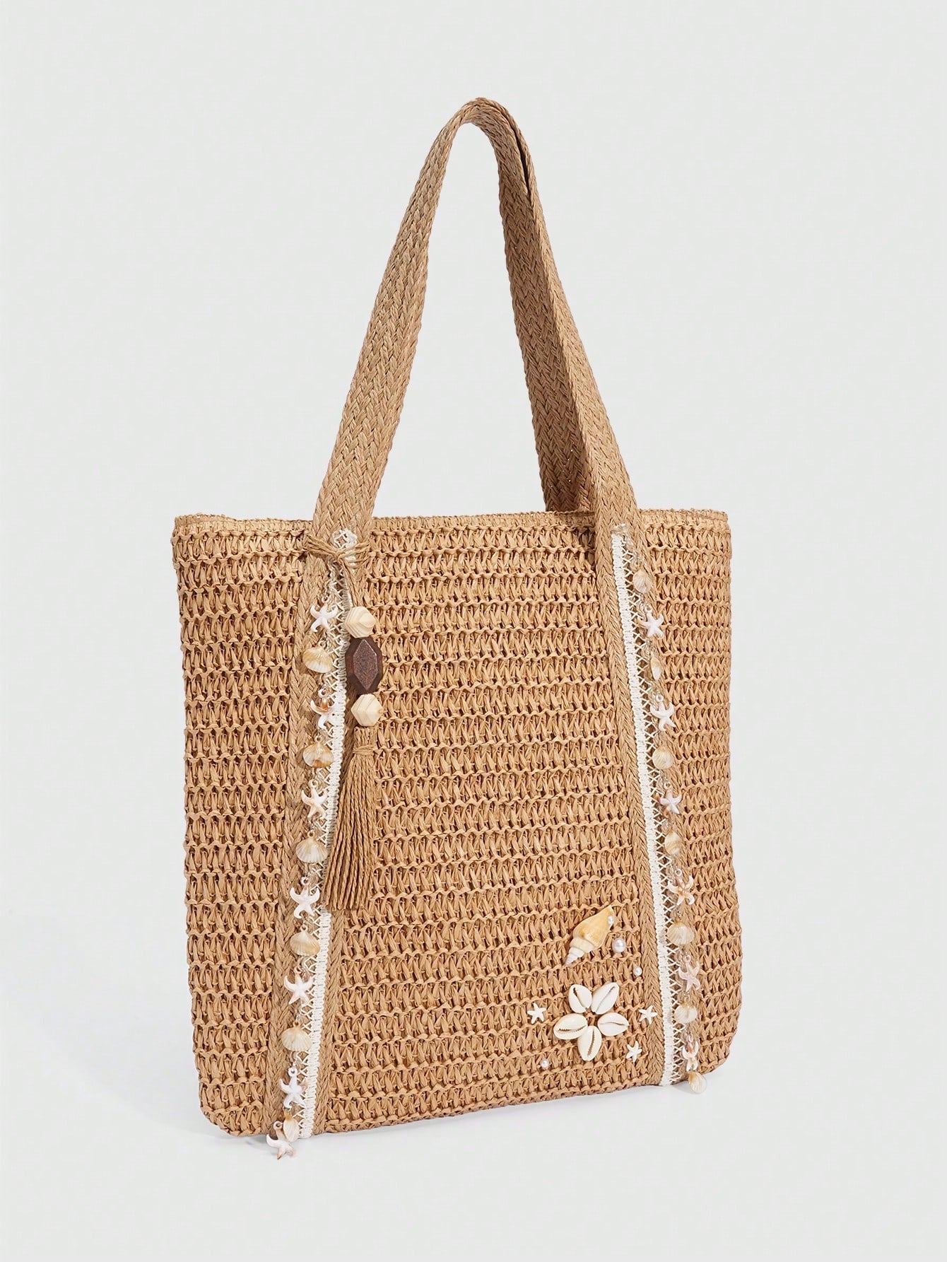 ROMWE Fairycore 1pc Vacation-Themed Shell, Seashell, Coral, Pearl Decor Women Tote Bag, Large Capacity Floral Straw Beach Bag For Spring/Summer