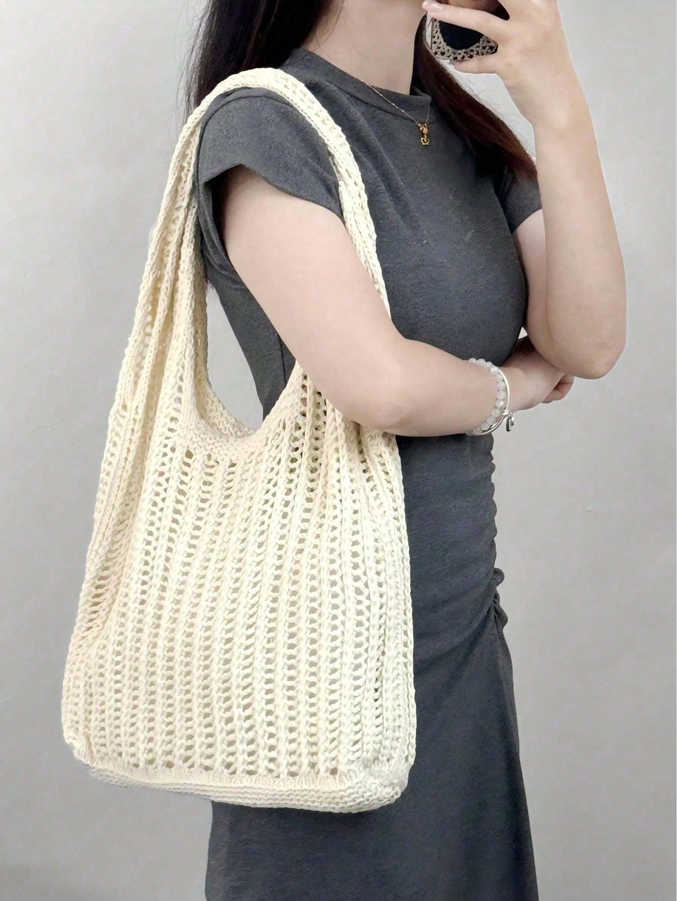 Large Capacity Crochet Shoulder Tote Bag - Lightweight, Multifunctional Knitted Handbag, Beige, Pink, Brown, Black, Suitable For Travel, Beach, Vacation And Daily Use, Large Tote Bag , Beach Bag , Crochet, Holiday, Yellow