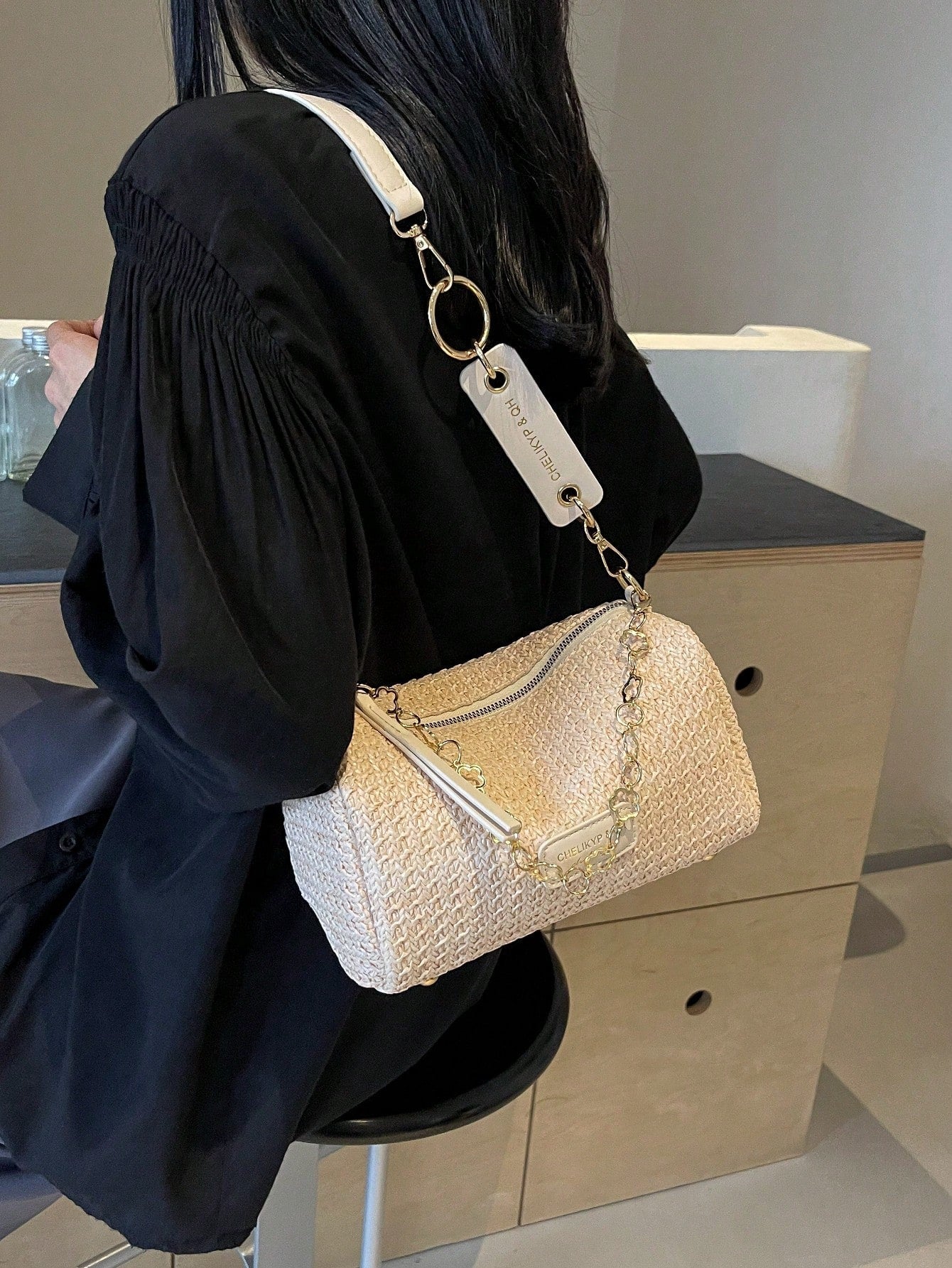 New Spring/Summer Contrast Striped Woven Straw Shoulder Bag, Fashion Letter Decor Women's