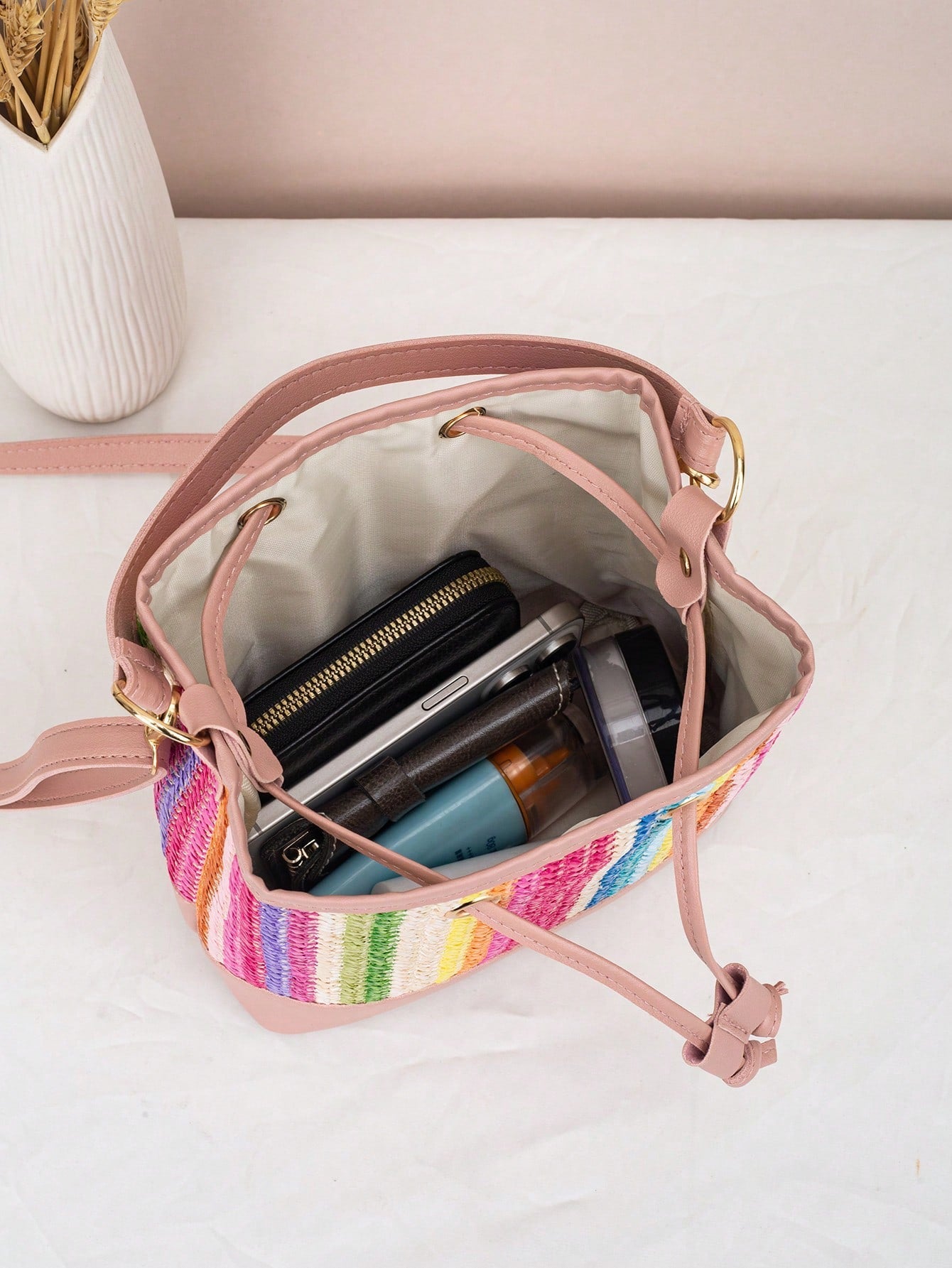 Drawstring Bucket Bag, Large Capacity Daily Versatile Bag, New Summer Beach Bag, Straw Crossbody Bag, Durable Women Handbag