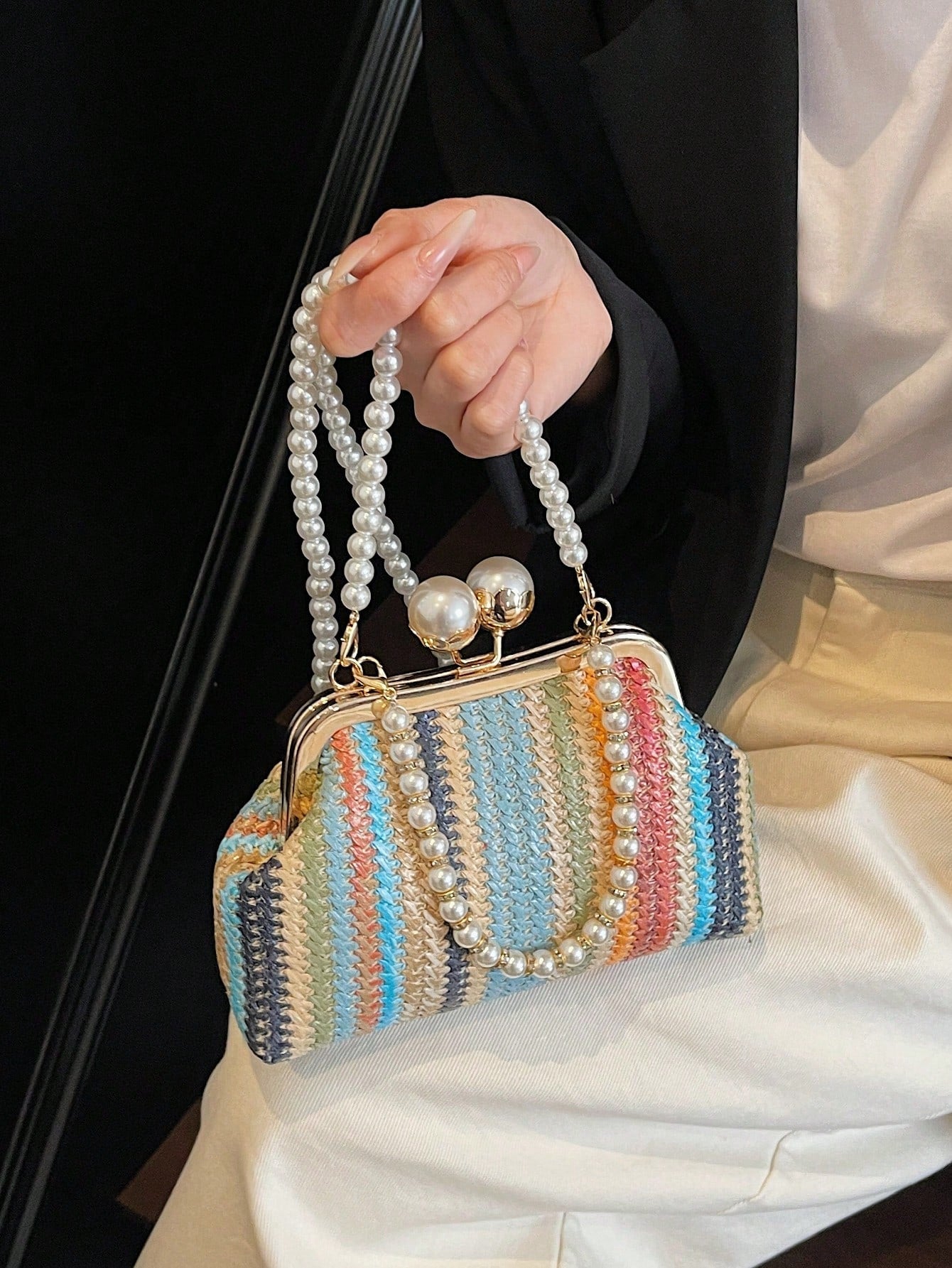 1pc Rainbow Color Woven Clutch Bag, Minimalist & Fashionable, Suitable For Casual/Daily Use, Woven Bag