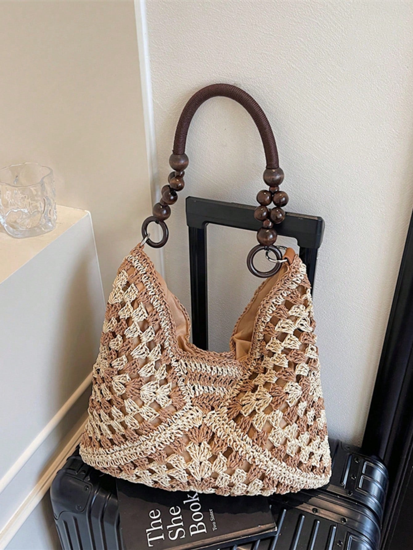 Handmade Crochet Hollow Straw Bag, Patchwork Large Capacity Shoulder Bag, Bohemian Contrast Color Straw Bag, Casual Versatile Women Bag, Slouchy Woven Bag, Summer Beach Vacation Straw Bag, Commute & Travel Dual-Use Women Bag, Can Fit , Gift For Women