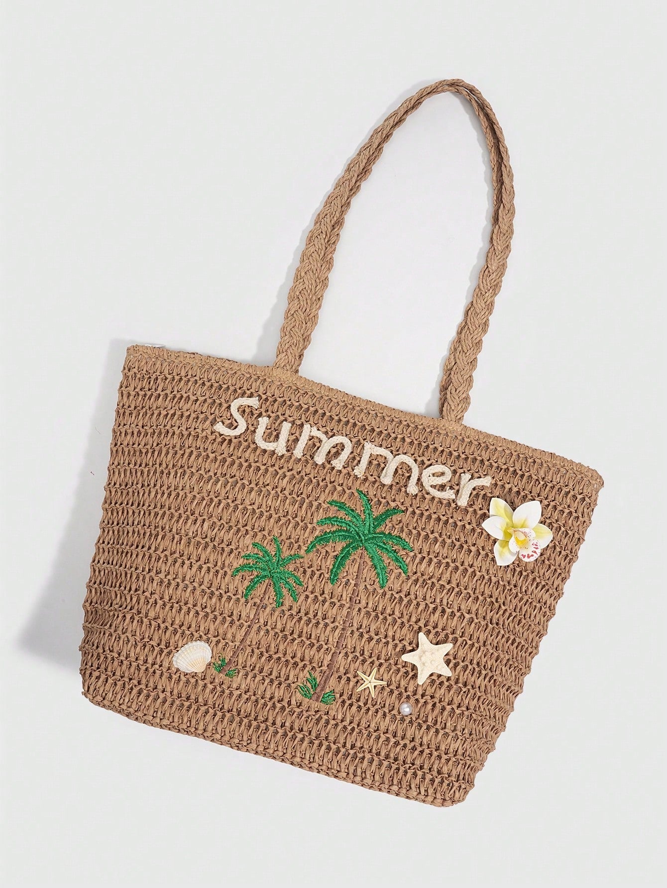 ROMWE Fairycore 1pc Vacation-Themed Shell, Seashell, Coral, Pearl Decor Women Tote Bag, Large Capacity Floral Straw Beach Bag For Spring/Summer