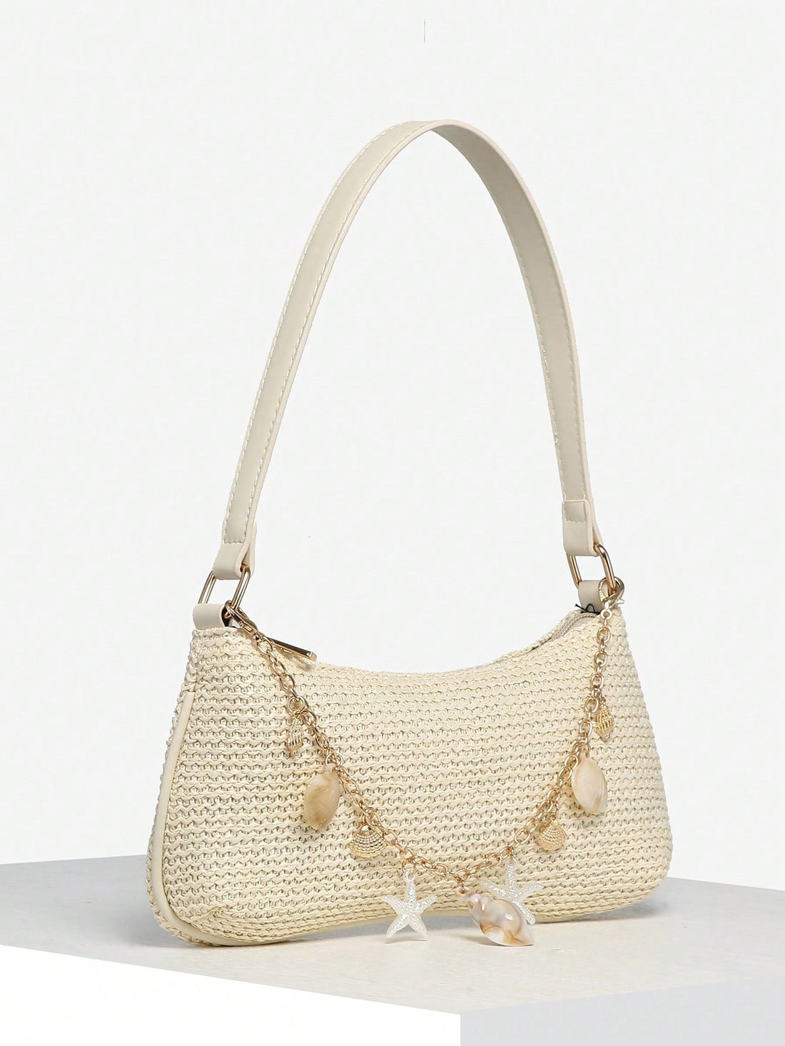 1pc Women's Vintage Resort Ocean Creature Faux Pearl Cherry Faux Fur Tail Woven Crossbody Bag, Suitable For Dates, Outings, Vacations , Beach, Holiday, Woven Bag, Straw Bag