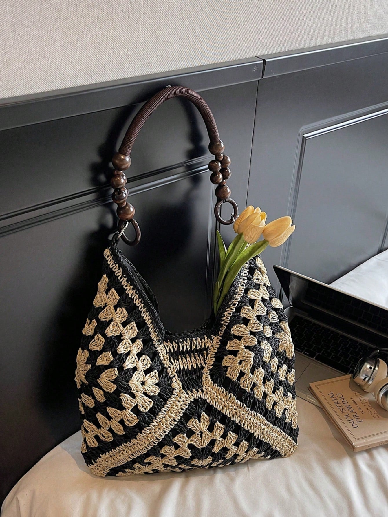 Handmade Crochet Hollow Straw Bag, Patchwork Large Capacity Shoulder Bag, Bohemian Contrast Color Straw Bag, Casual Versatile Women Bag, Slouchy Woven Bag, Summer Beach Vacation Straw Bag, Commute & Travel Dual-Use Women Bag, Can Fit , Gift For Women