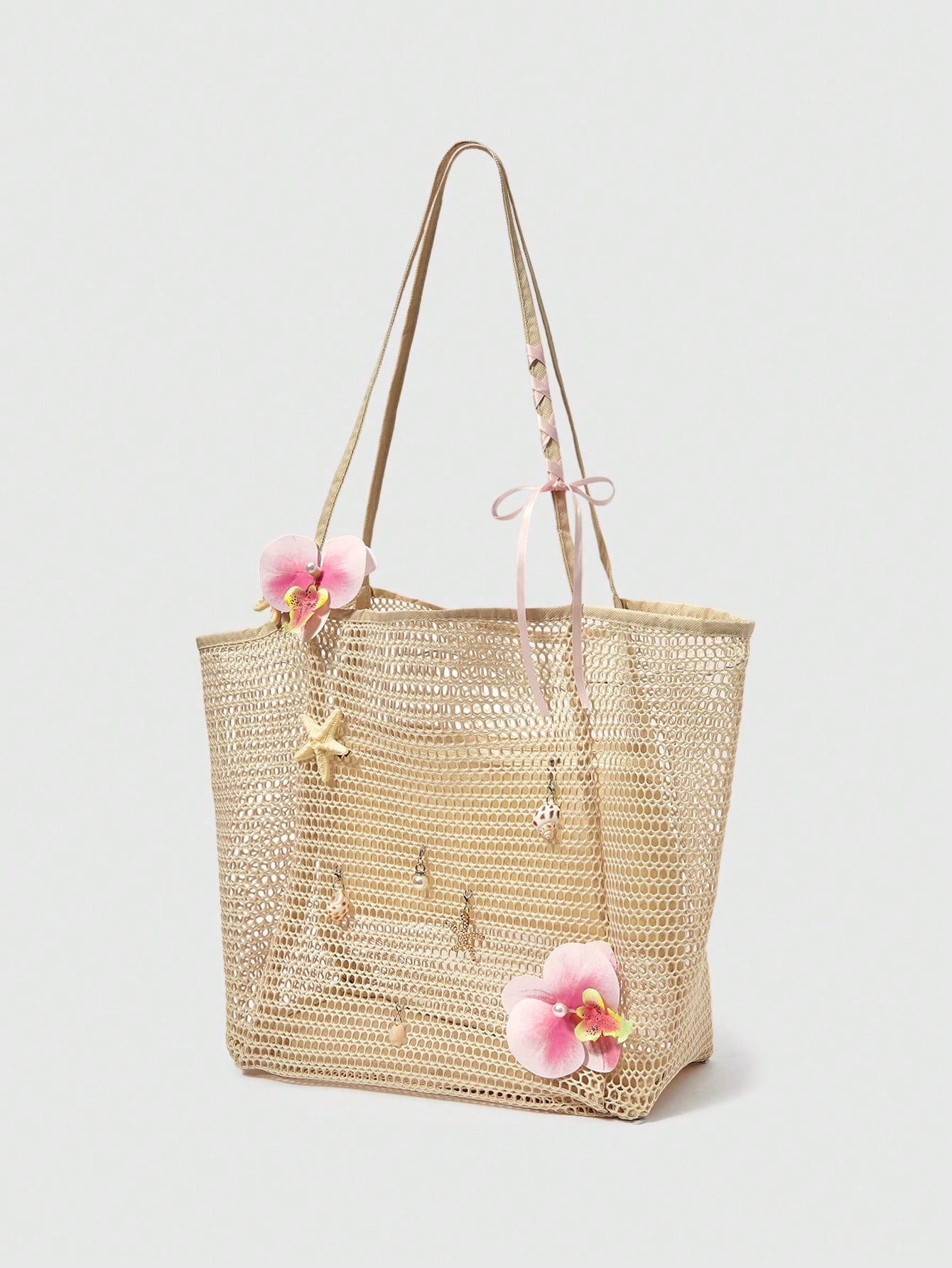 OMWE Fairycore 1pc Handmade Woven Tote Bag With Artificial Orchid, Lily Decor,