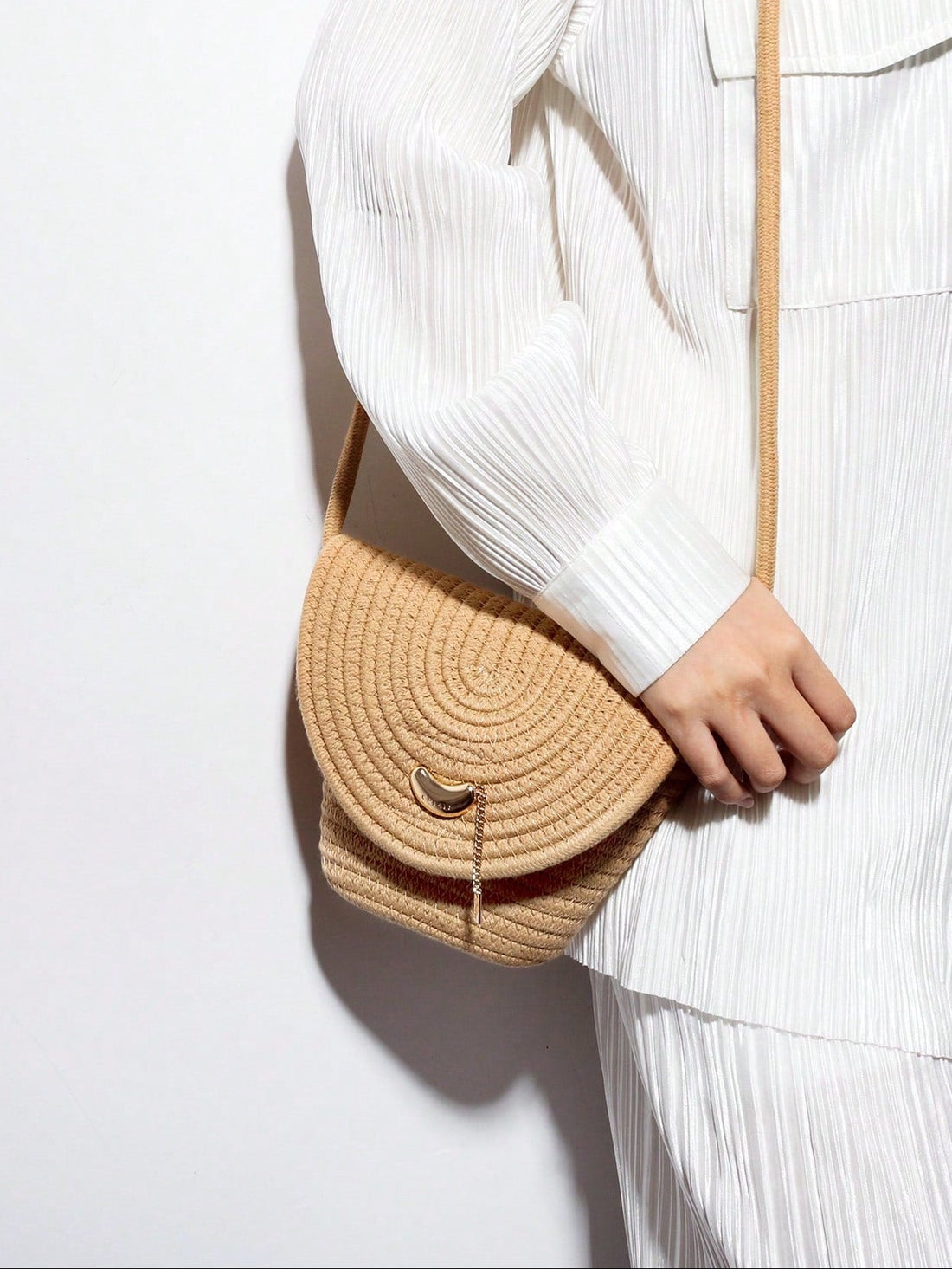 Handmade Original Golden Beaded Flap Solid Color Woven Fabric Casual Business Large Capacity Women Commuter Bag, Suitable For Office Ladies, Students, Going Out, Shopping, Travel, Summer, Shoulder Bag, Valentine