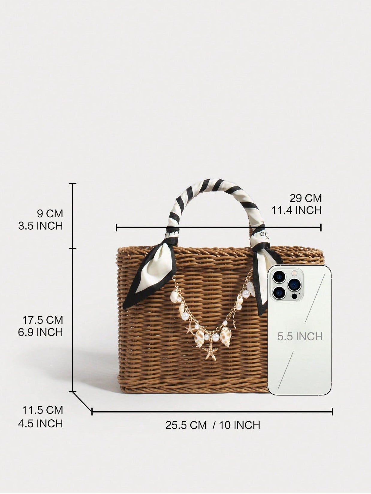 Summer New French Retro Handmade Vine Weaving Handbag Silk Scarf Handheld With Shell Sea Star Hanging Decoration Seaside Vacation Large Capacity Basket Package Daily Commuting Beach Leisure Party Travel