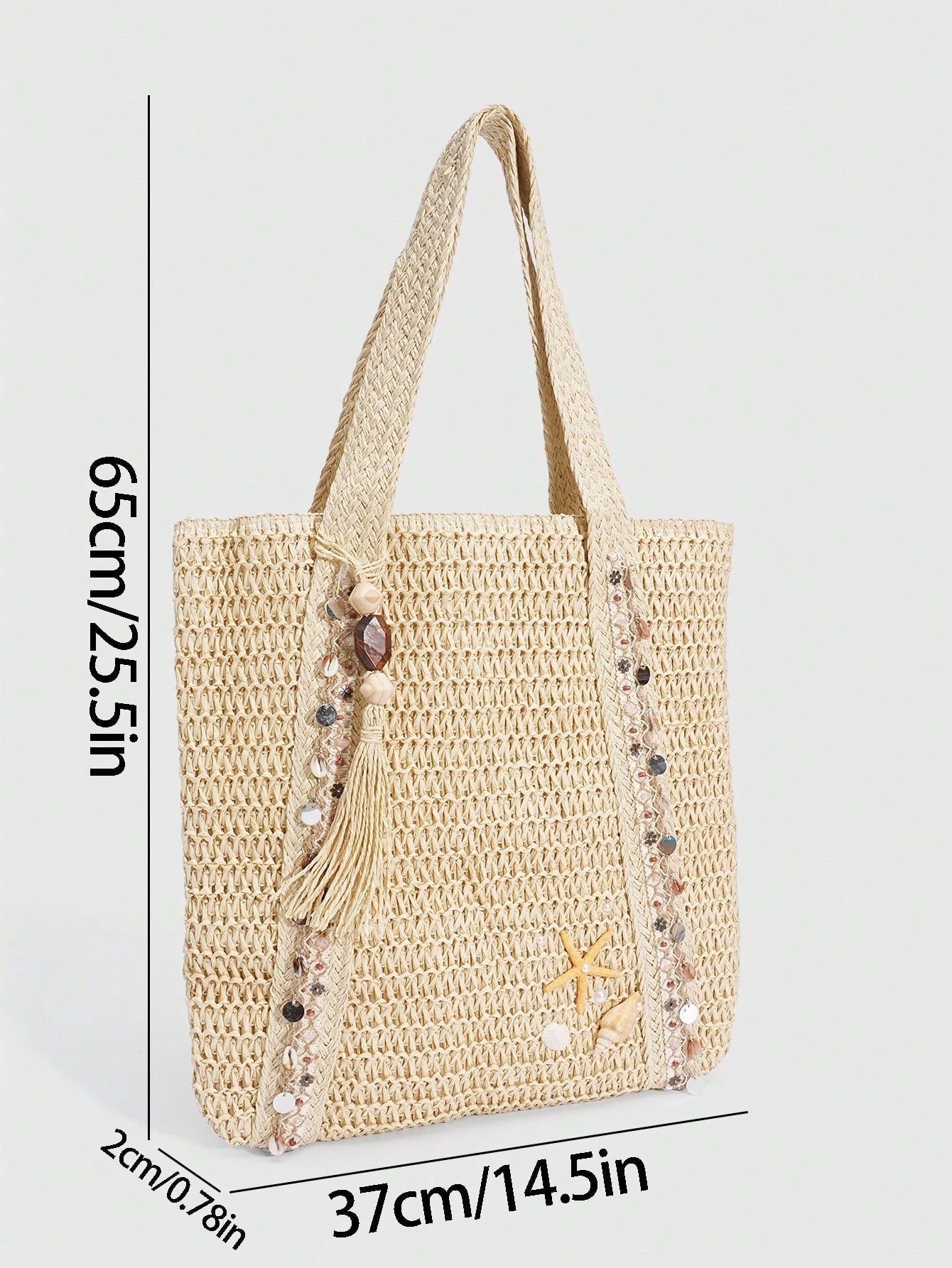 ROMWE Fairycore 1pc Vacation-Themed Shell, Seashell, Coral, Pearl Decor Women Tote Bag, Large Capacity Floral Straw Beach Bag For Spring/Summer