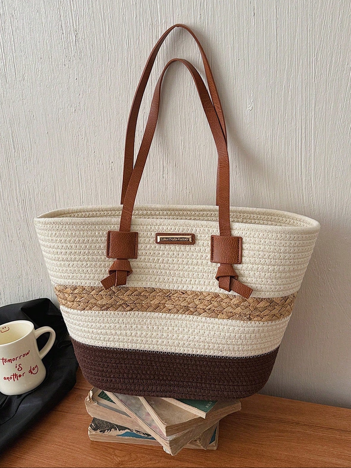 1pc Colorblock Striped Straw Tote Bag, Large Capacity Commuter Beach Shoulder Bag For Women