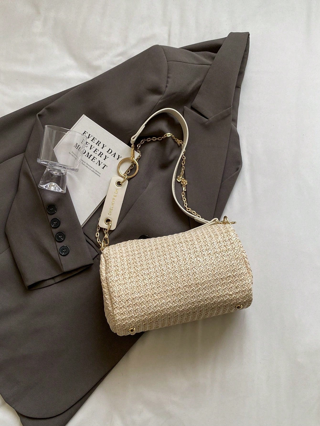 New Spring/Summer Contrast Striped Woven Straw Shoulder Bag, Fashion Letter Decor Women's