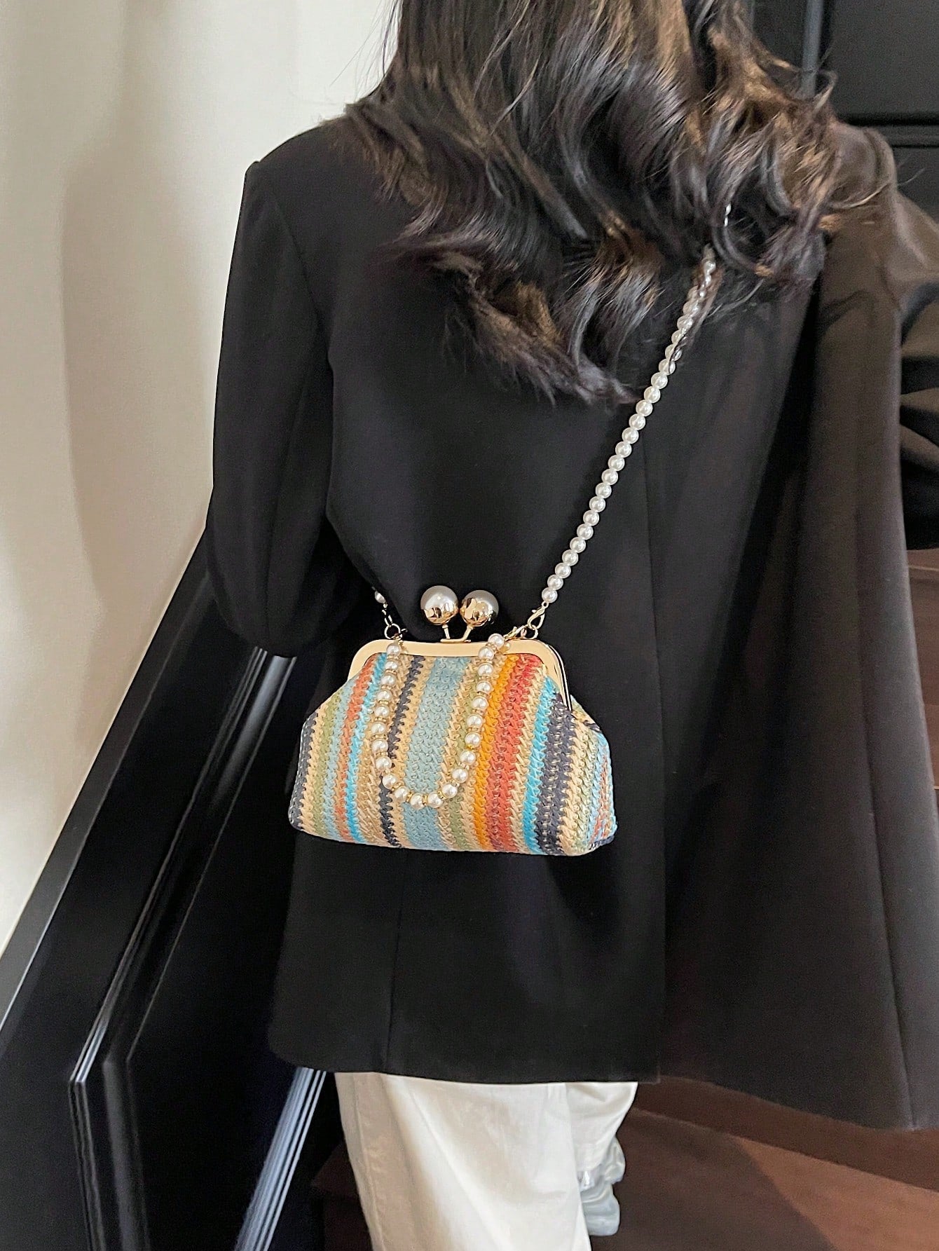 1pc Rainbow Color Woven Clutch Bag, Minimalist & Fashionable, Suitable For Casual/Daily Use, Woven Bag