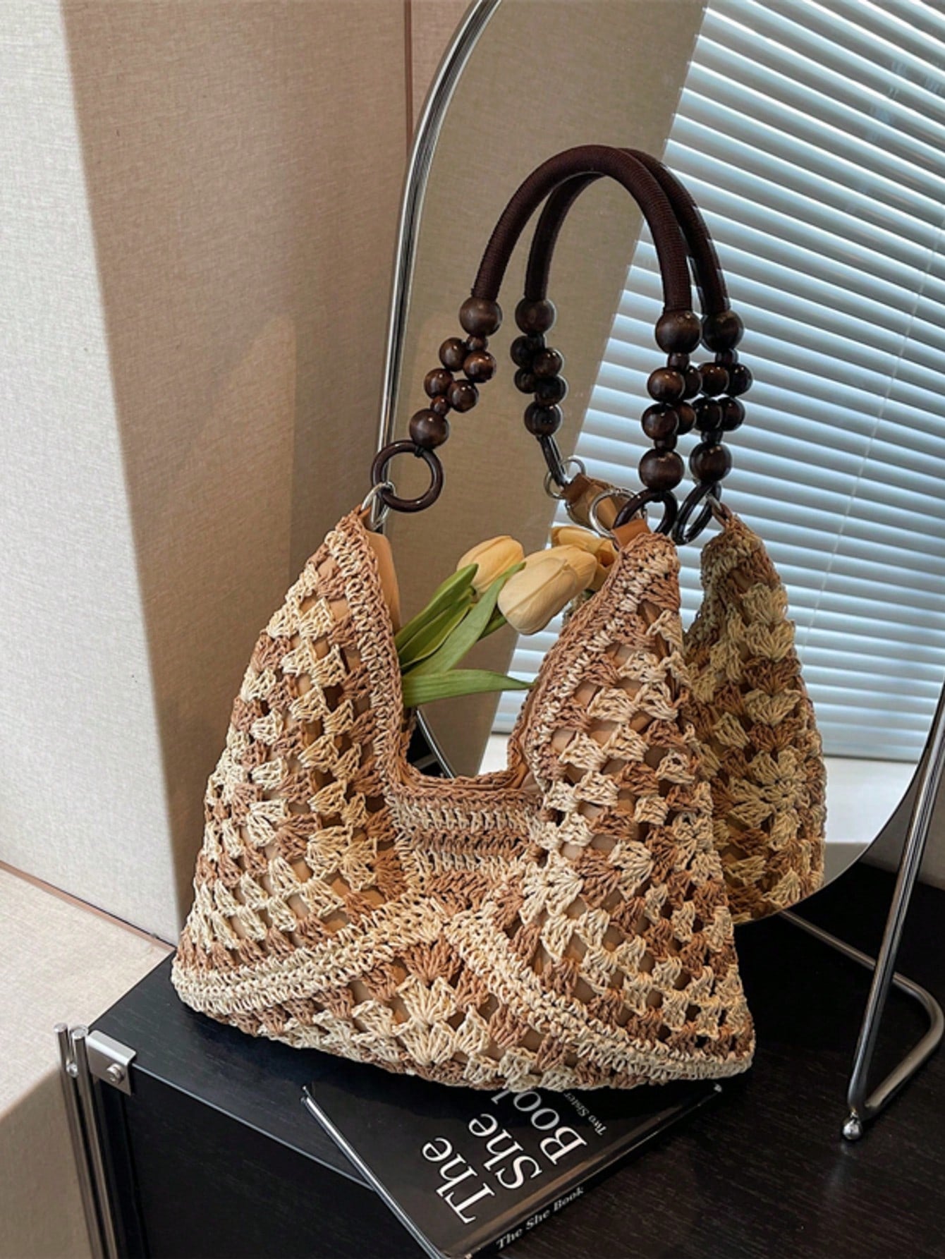 Handmade Crochet Hollow Straw Bag, Patchwork Large Capacity Shoulder Bag, Bohemian Contrast Color Straw Bag, Casual Versatile Women Bag, Slouchy Woven Bag, Summer Beach Vacation Straw Bag, Commute & Travel Dual-Use Women Bag, Can Fit , Gift For Women