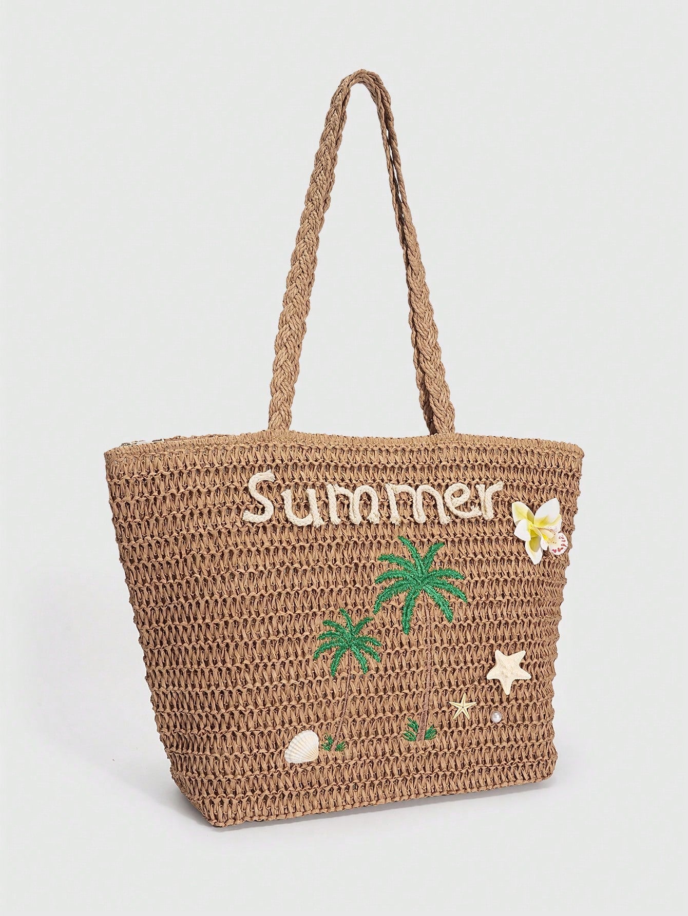 ROMWE Fairycore 1pc Vacation-Themed Shell, Seashell, Coral, Pearl Decor Women Tote Bag, Large Capacity Floral Straw Beach Bag For Spring/Summer