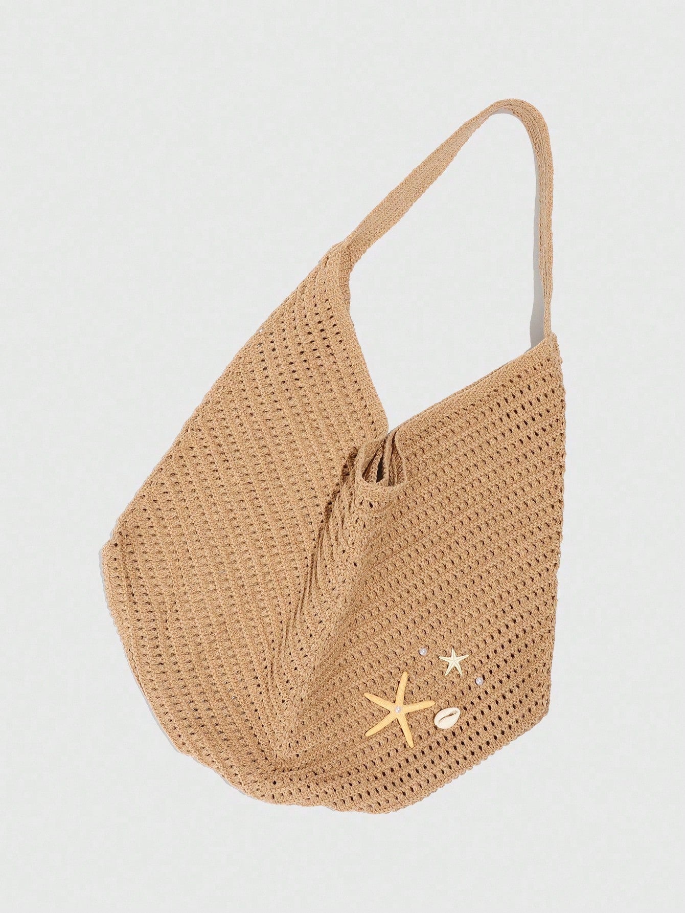 ROMWE Fairycore 1 Pc Tropical Ocean Beach Vacation Style Woven Hollow Beige Women's Shoulder Crossbody Handbag, Large Capacity Travel Vacation Bag