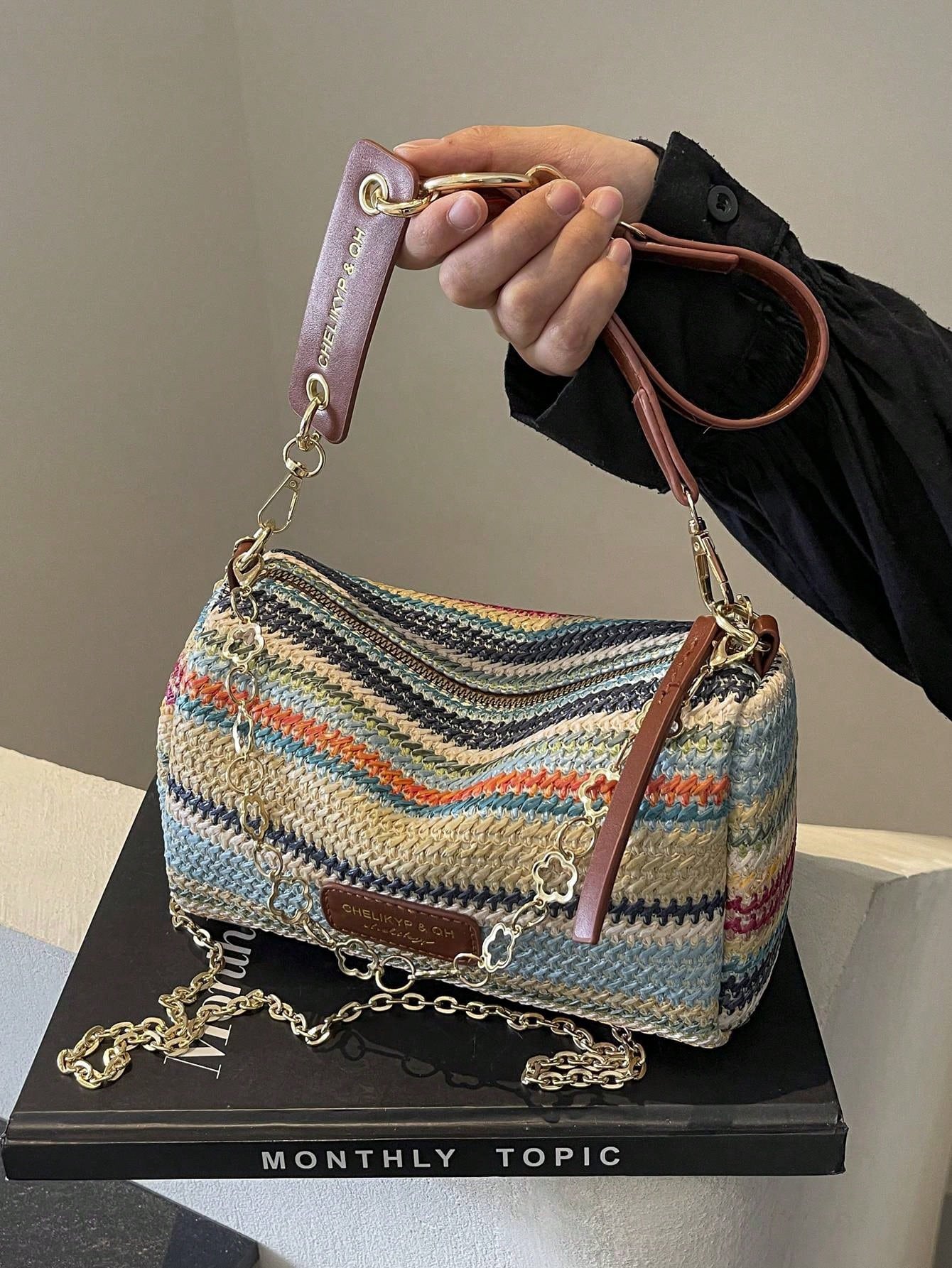 New Spring/Summer Contrast Striped Woven Straw Shoulder Bag, Fashion Letter Decor Women's