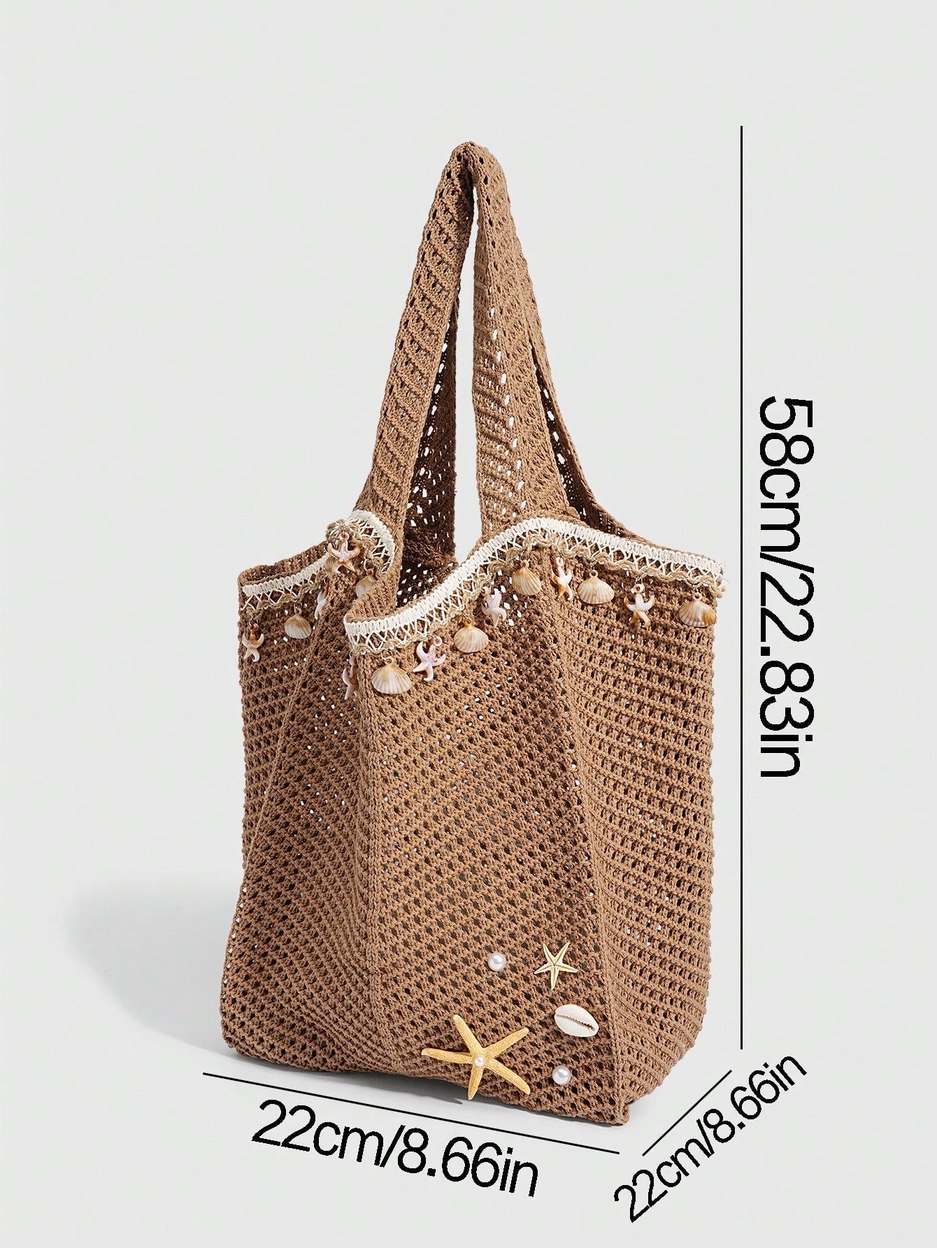 ROMWE Fairycore 1 Pc Tropical Ocean Beach Vacation Style Woven Hollow Beige Women's Shoulder Crossbody Handbag, Large Capacity Travel Vacation Bag