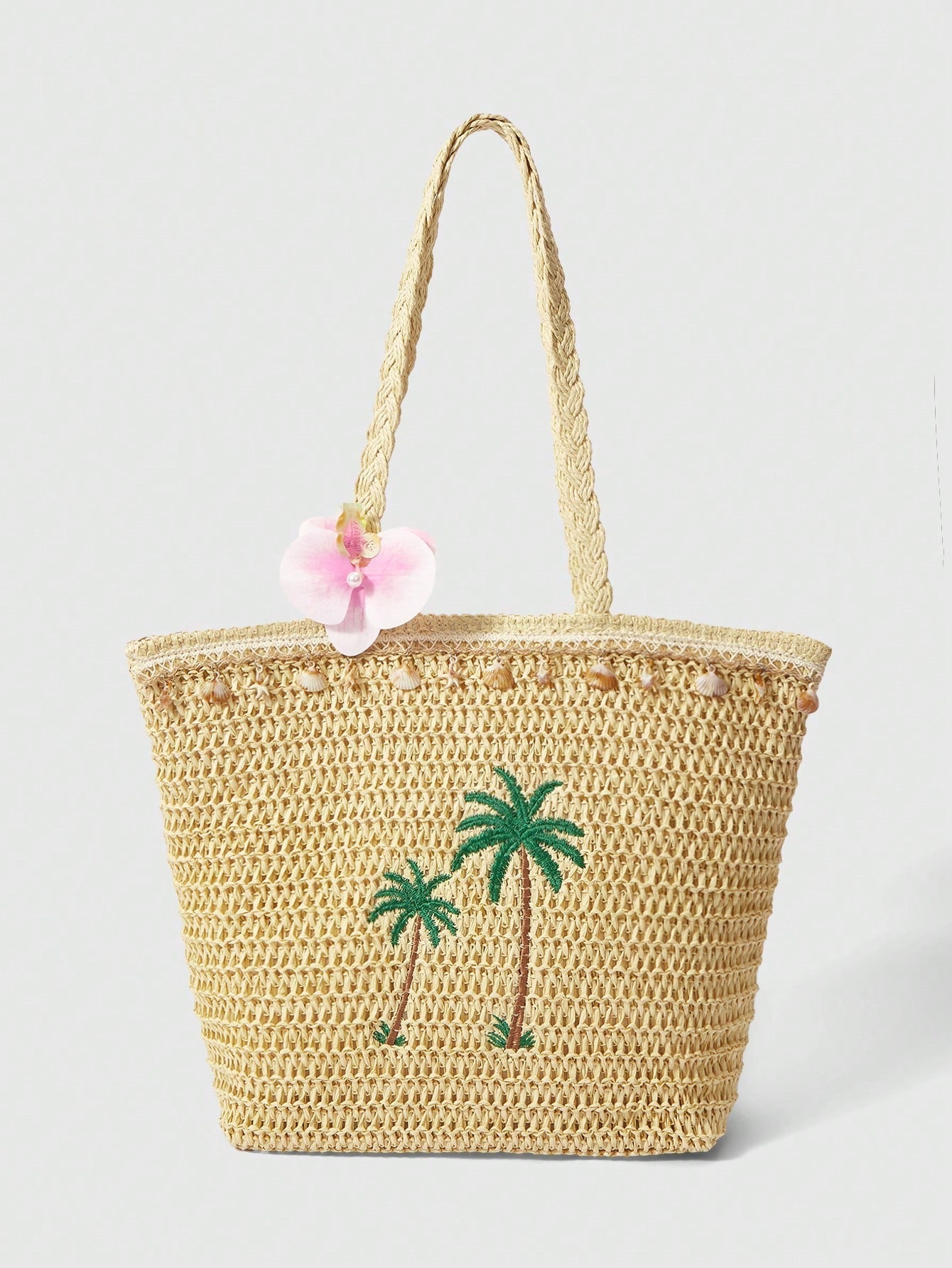 OMWE Fairycore 1pc Handmade Woven Tote Bag With Artificial Orchid, Lily Decor,