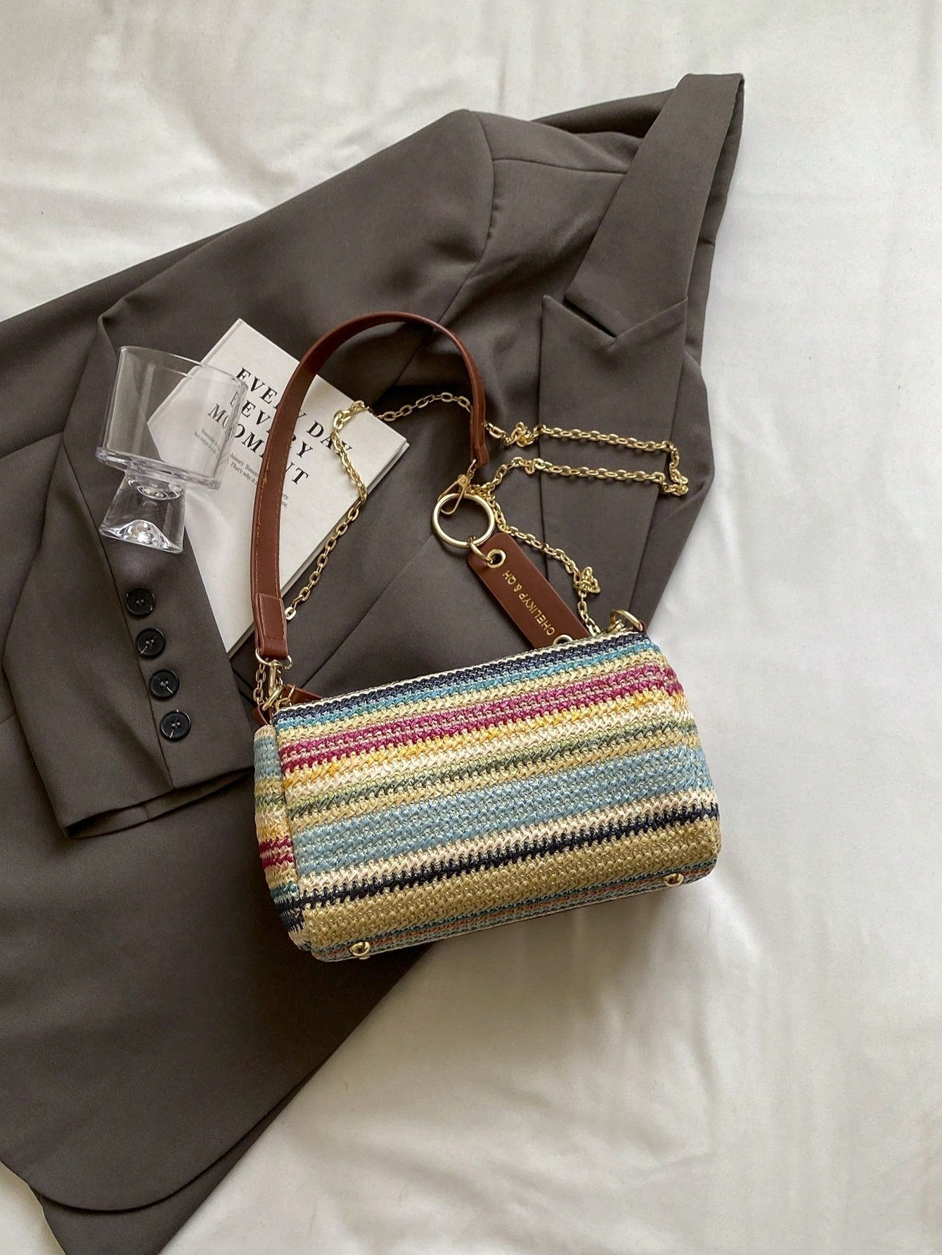 New Spring/Summer Contrast Striped Woven Straw Shoulder Bag, Fashion Letter Decor Women's