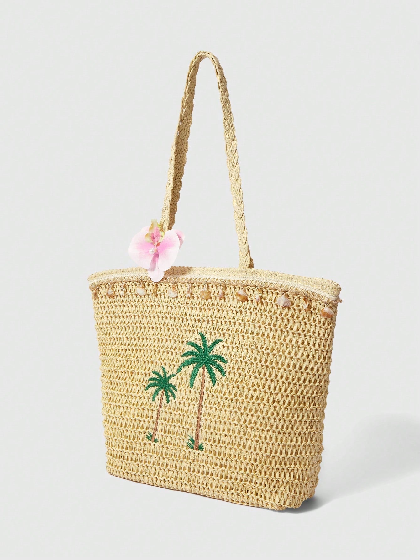 OMWE Fairycore 1pc Handmade Woven Tote Bag With Artificial Orchid, Lily Decor,