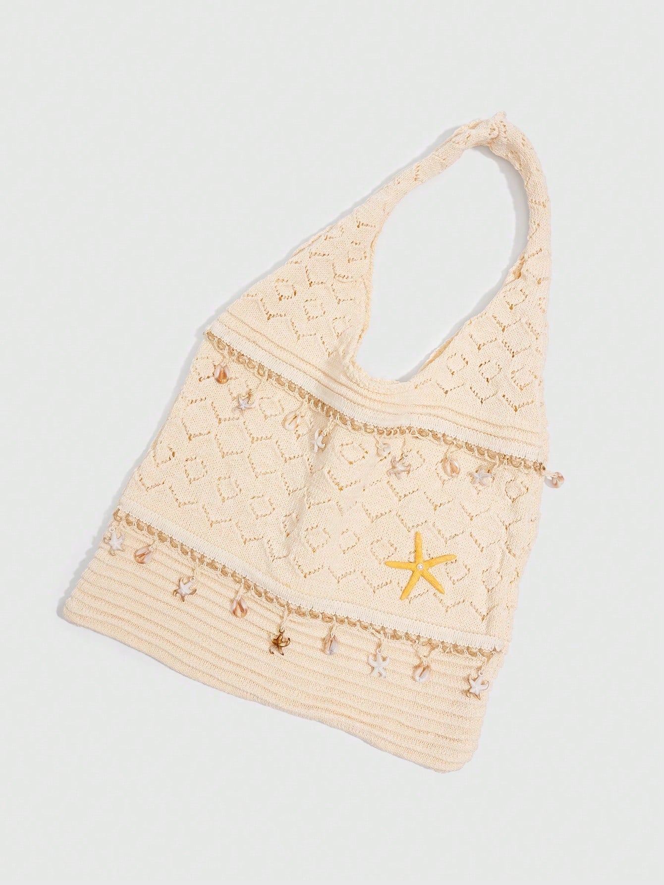 ROMWE Fairycore 1 Pc Tropical Ocean Beach Vacation Style Woven Hollow Beige Women's Shoulder Crossbody Handbag, Large Capacity Travel Vacation Bag