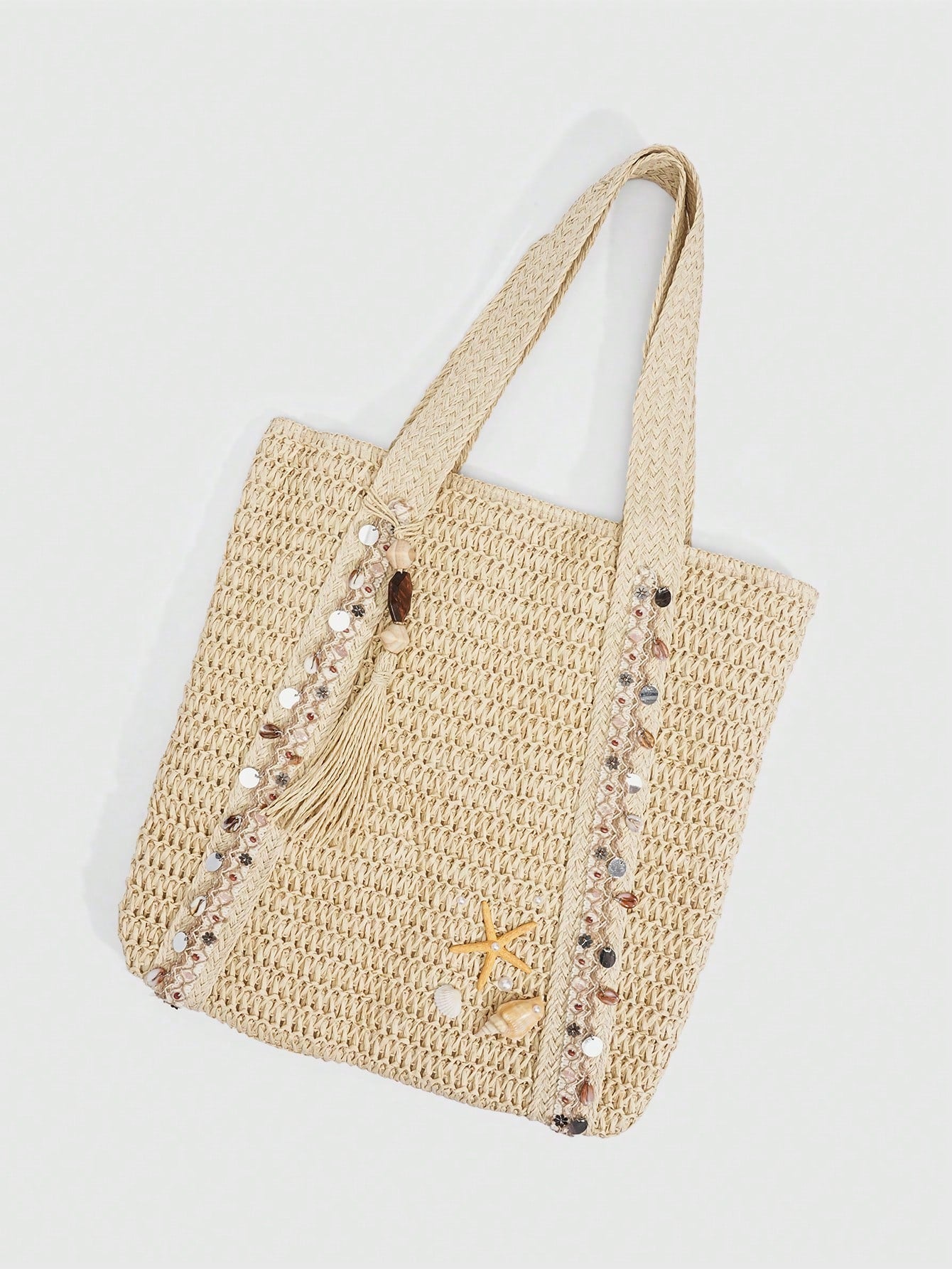 ROMWE Fairycore 1pc Vacation-Themed Shell, Seashell, Coral, Pearl Decor Women Tote Bag, Large Capacity Floral Straw Beach Bag For Spring/Summer