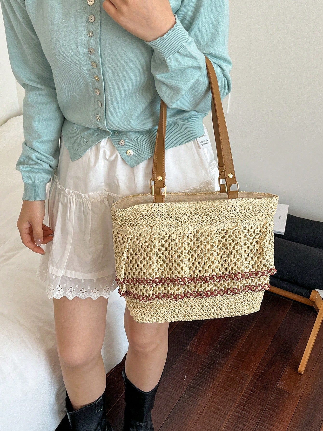 Women's Large Capacity Fashionable Elegant Cute Pleated Straw Shoulder Bag, Suitable For Shopping And Vacation, Beige