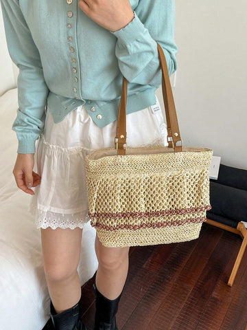 Women's Large Capacity Fashionable Elegant Cute Pleated Straw Shoulder Bag, Suitable For Shopping And Vacation, Beige