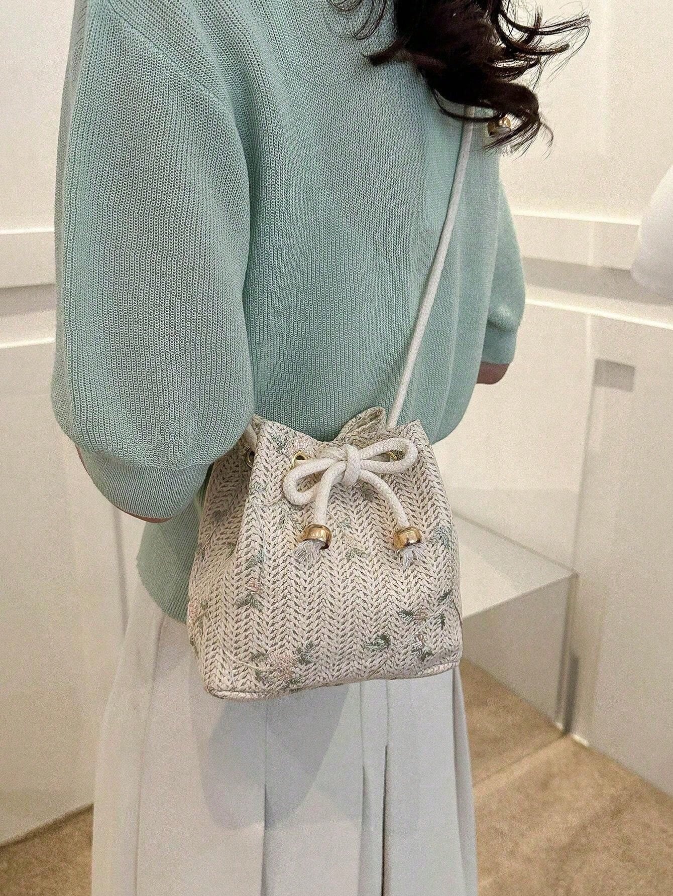 Tropiscape Mini Floral Embroidered Drawstring Detail Vacation, Straw Purse