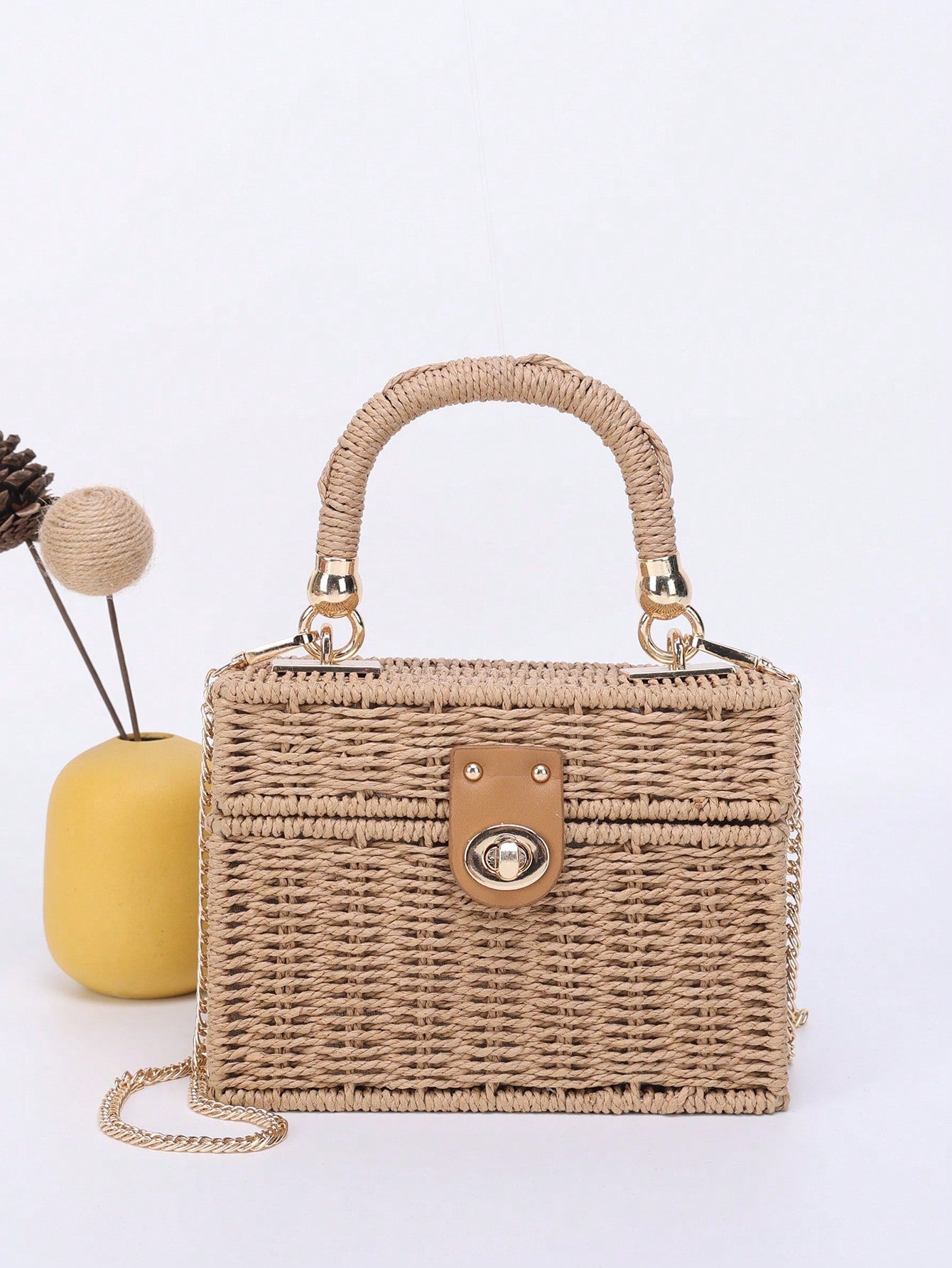 Tropiscape Small Square Box Woven Metal Chain Bag, Holiday Essentials, Perfect For Travel,