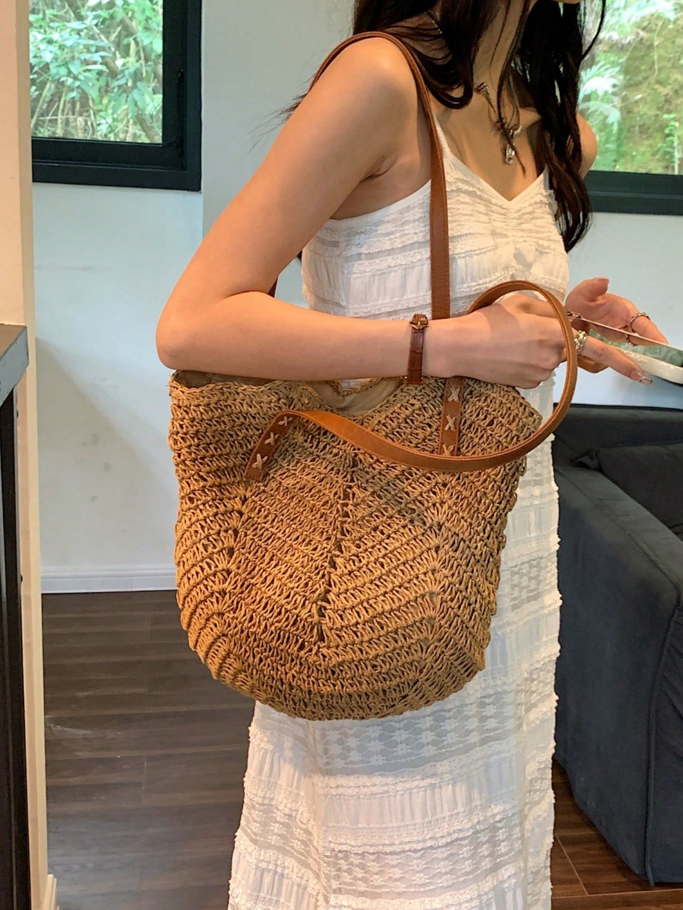 New Large Capacity Tote Bag, Woven Straw Dual Handle Design Women's Bag, Beach Bag For Commuting