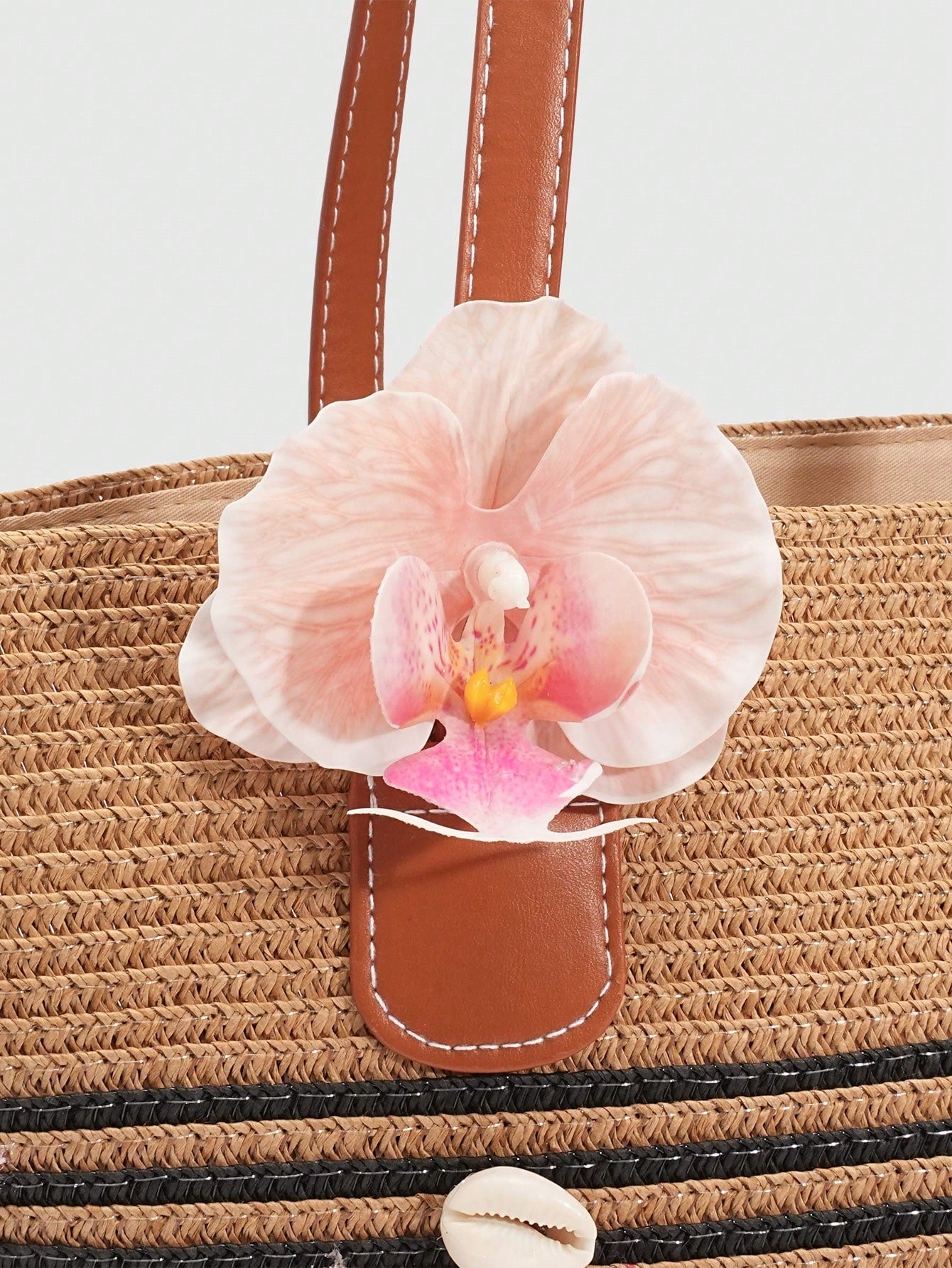 ROMWE Fairycore 1pc Vacation-Themed Shell, Seashell, Coral, Pearl Decor Women Tote Bag, Large Capacity Floral Straw Beach Bag For Spring/Summer