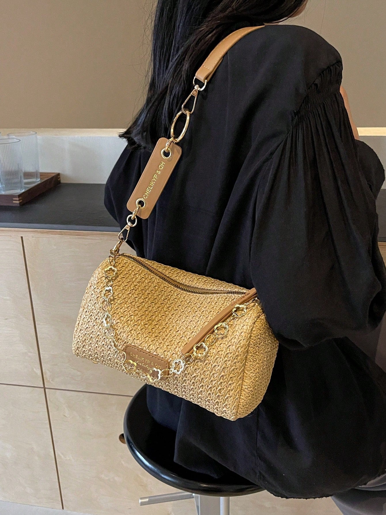 New Spring/Summer Contrast Striped Woven Straw Shoulder Bag, Fashion Letter Decor Women's