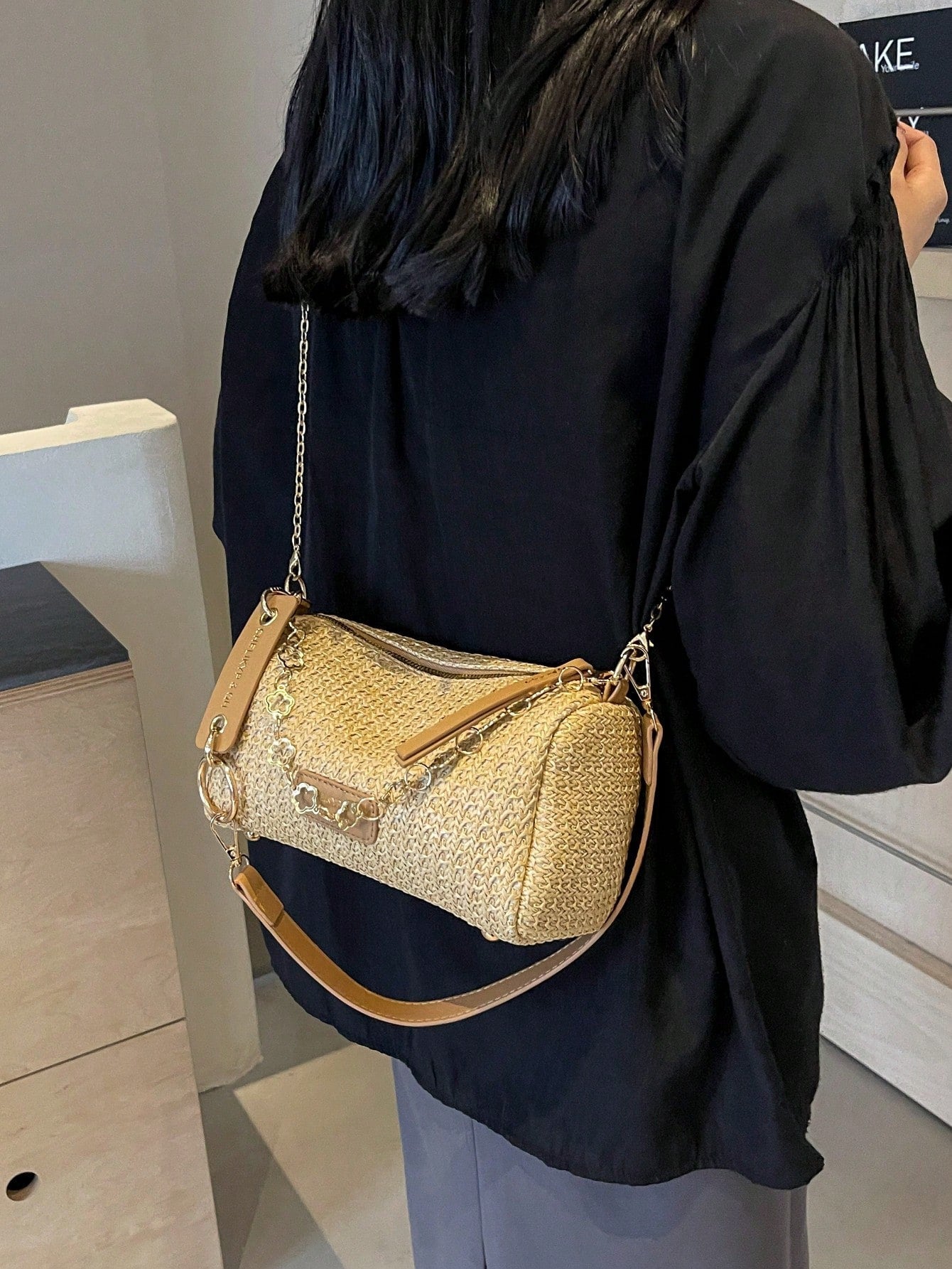New Spring/Summer Contrast Striped Woven Straw Shoulder Bag, Fashion Letter Decor Women's