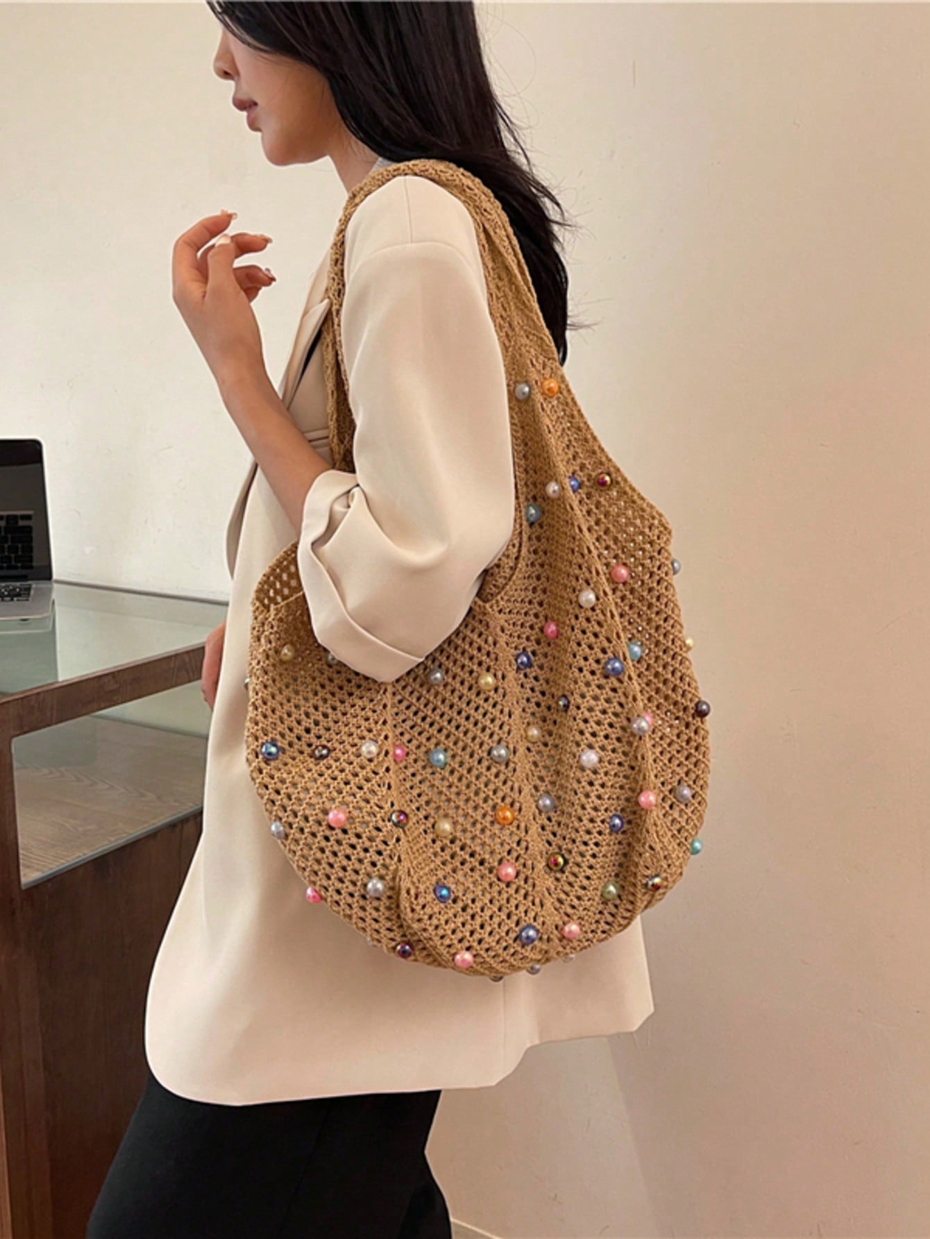 Summer New Casual Straw Tote Bag, Women Large Capacity Shoulder Shopping Handbag , Summer , Beach