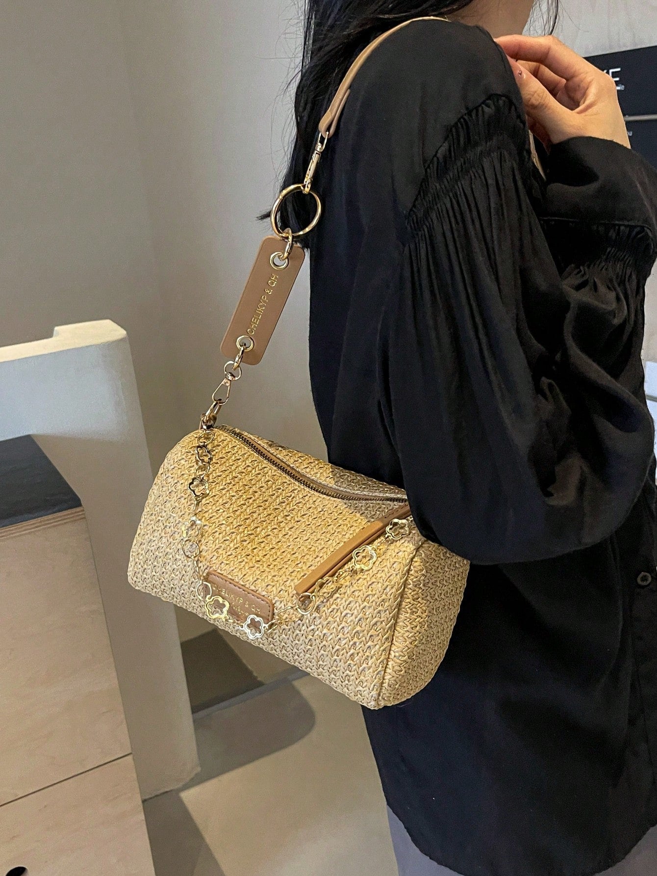 New Spring/Summer Contrast Striped Woven Straw Shoulder Bag, Fashion Letter Decor Women's