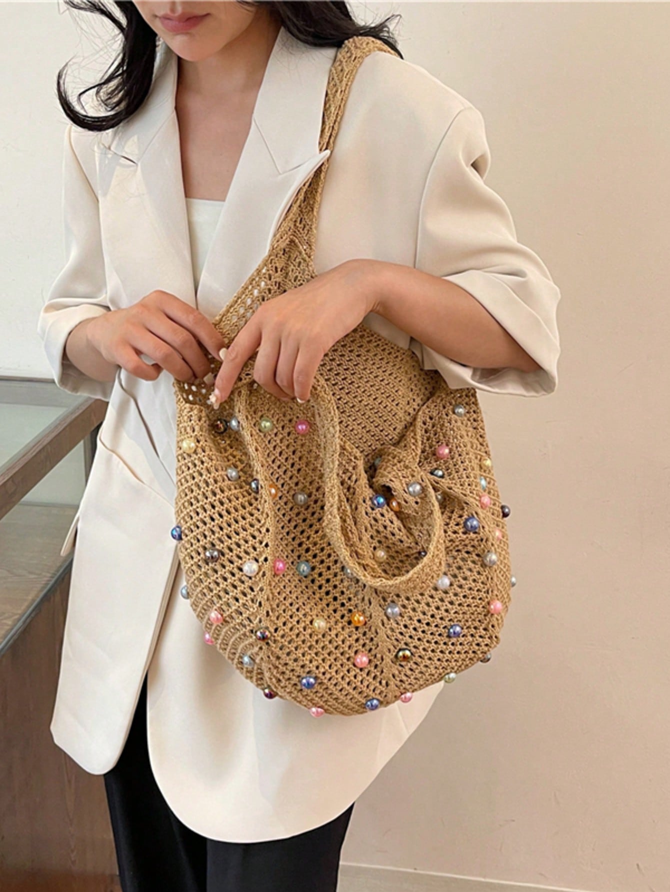 Summer New Casual Straw Tote Bag, Women Large Capacity Shoulder Shopping Handbag , Summer , Beach