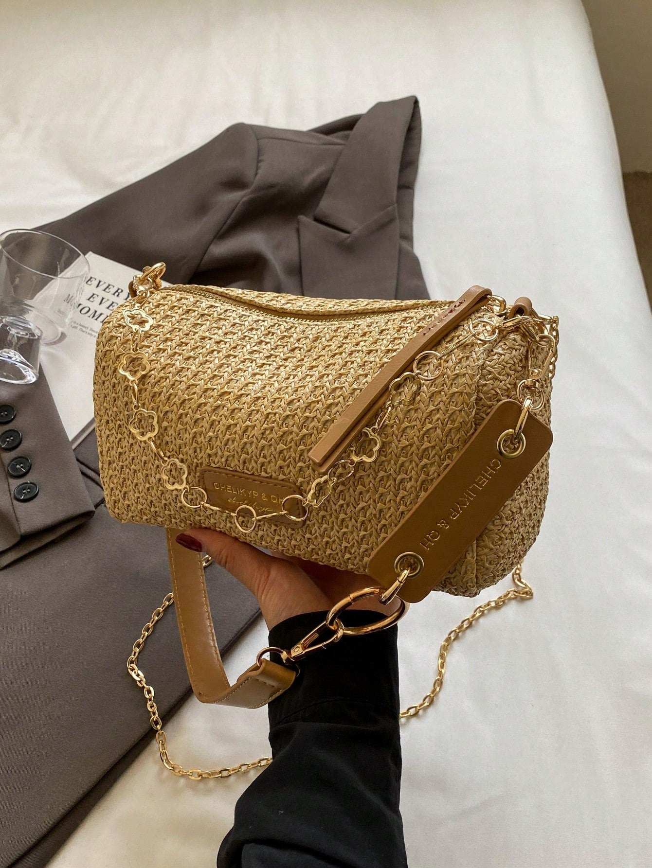 New Spring/Summer Contrast Striped Woven Straw Shoulder Bag, Fashion Letter Decor Women's