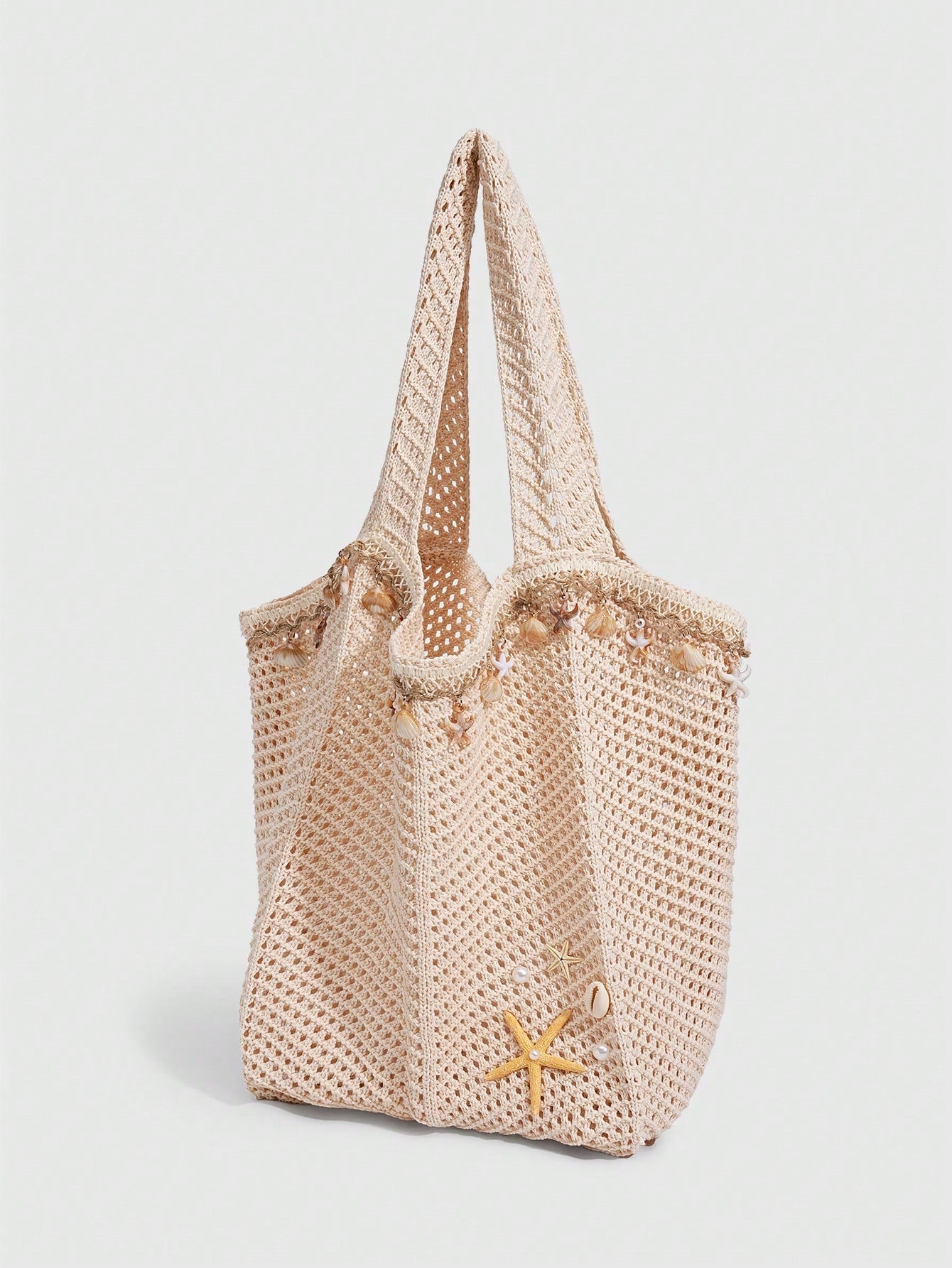 ROMWE Fairycore 1 Pc Tropical Ocean Beach Vacation Style Woven Hollow Beige Women's Shoulder Crossbody Handbag, Large Capacity Travel Vacation Bag