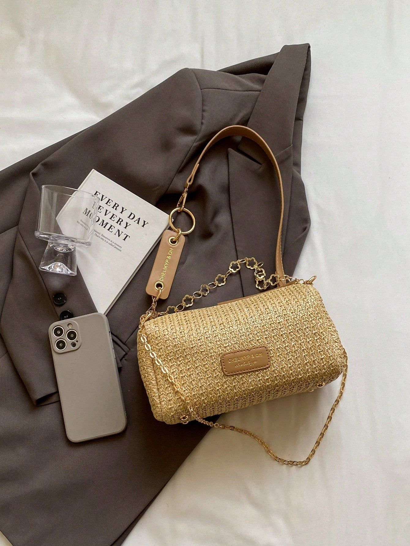 New Spring/Summer Contrast Striped Woven Straw Shoulder Bag, Fashion Letter Decor Women's